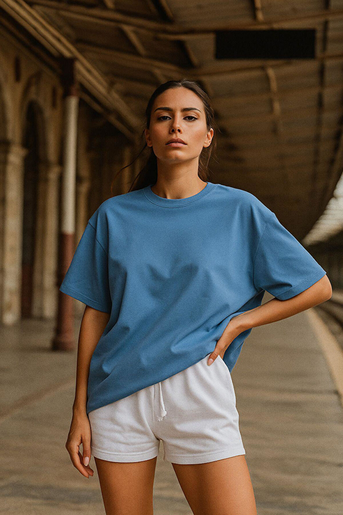 Kadın Mavi %100 Pamuk Oversize Basic Tişört – Rahat Kalıp Relaxed Bisiklet Yaka T-Shirt