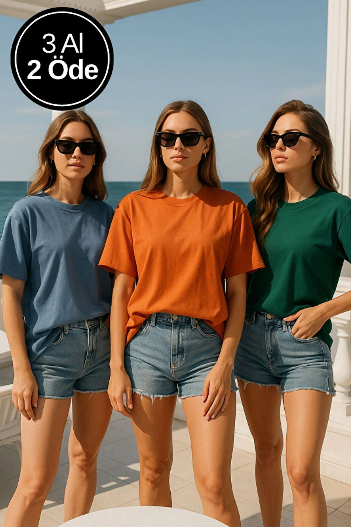 Kadın 3'lü Paket Mavi-Yeşil-Turuncu %100 Pamuk Oversize Basic Tişört Bisiklet Yaka Relaxed T-Shirt