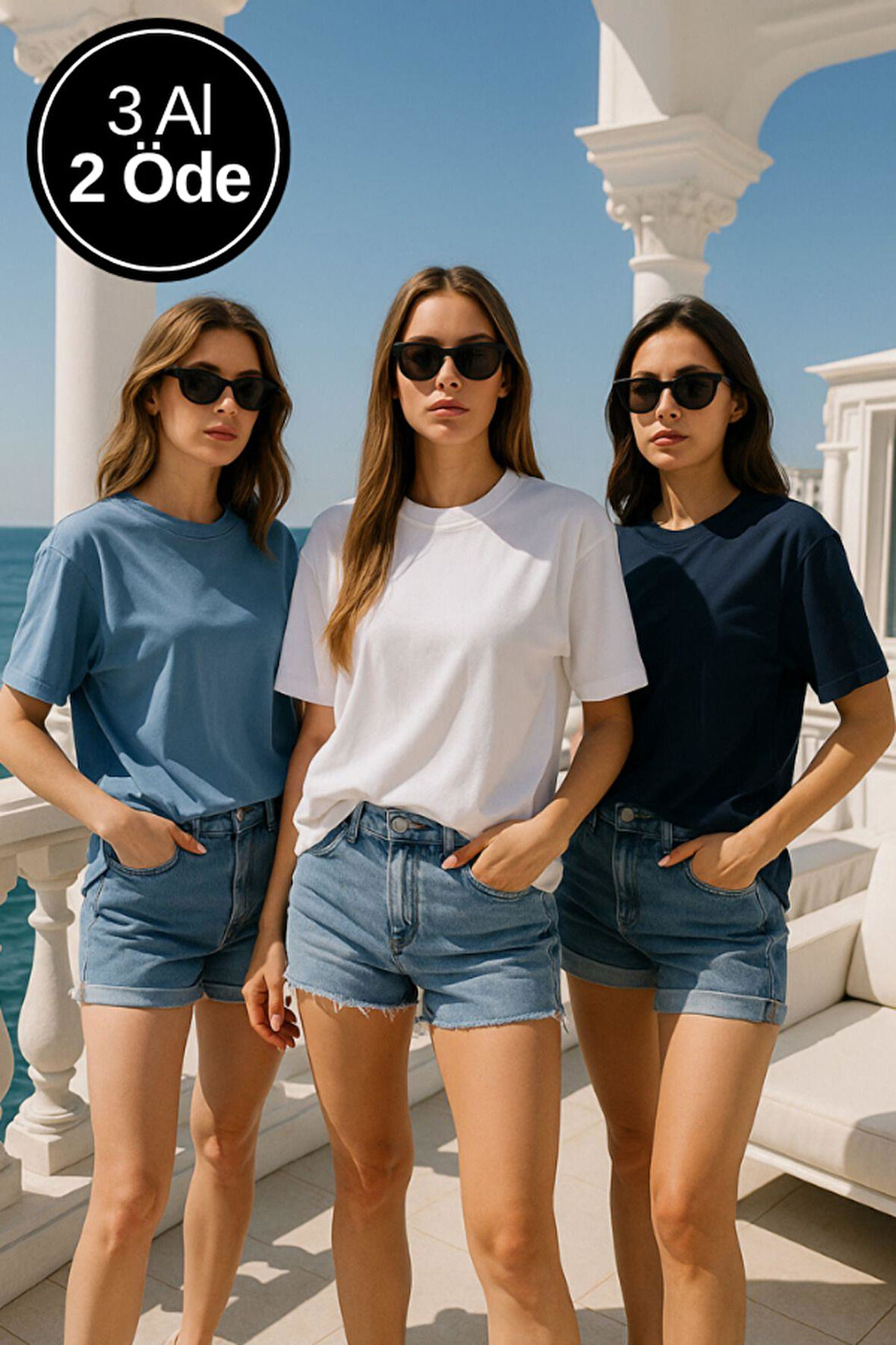 Kadın 3'lü Paket Lacivert-Mavi-Beyaz %100 Pamuk Oversize Basic Tişört Bisiklet Yaka Relaxed T-Shirt