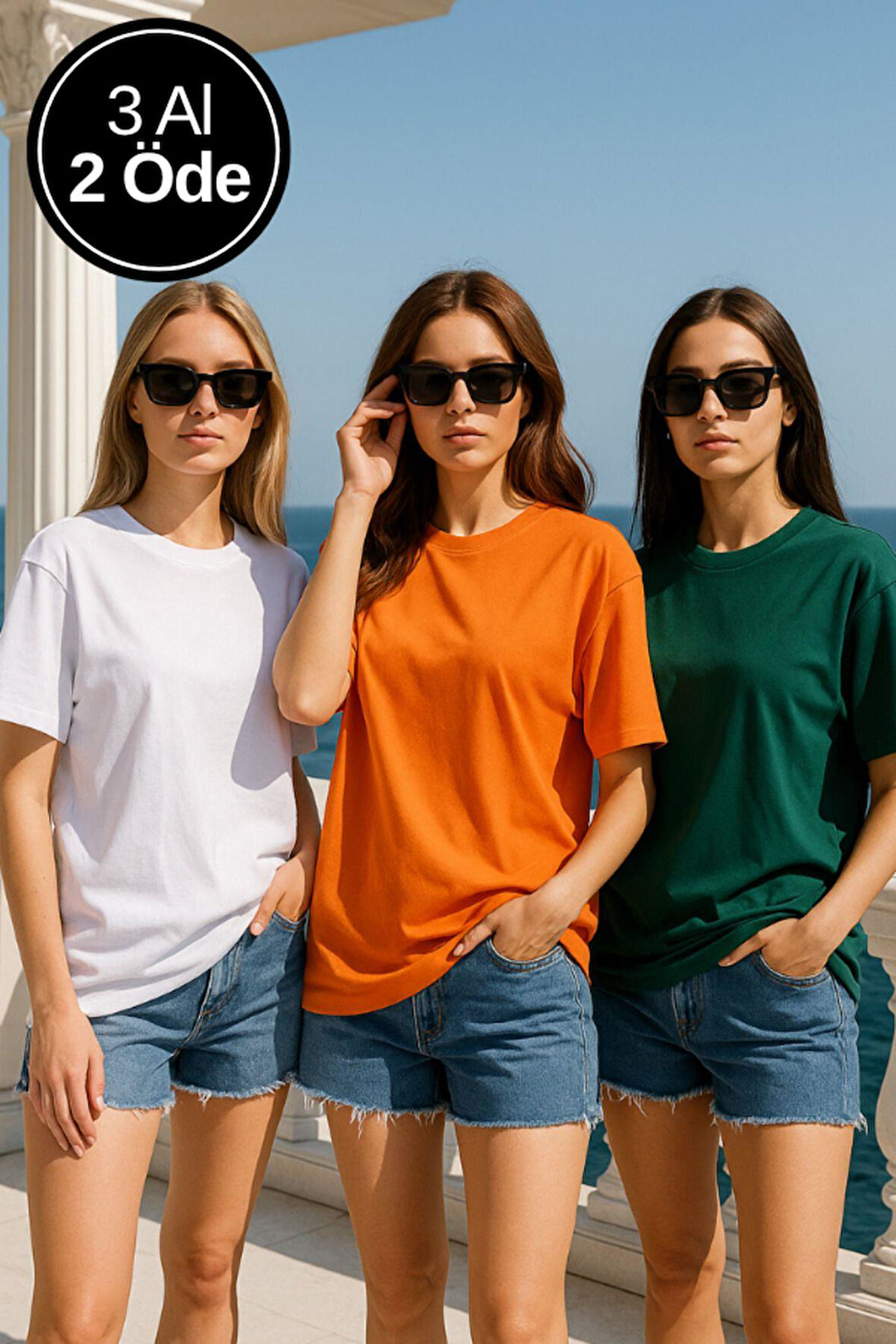 Kadın 3'lü Paket Turuncu-Yeşil-Beyaz %100 Pamuk Oversize Basic Tişört Bisiklet Yaka Relaxed T-Shirt