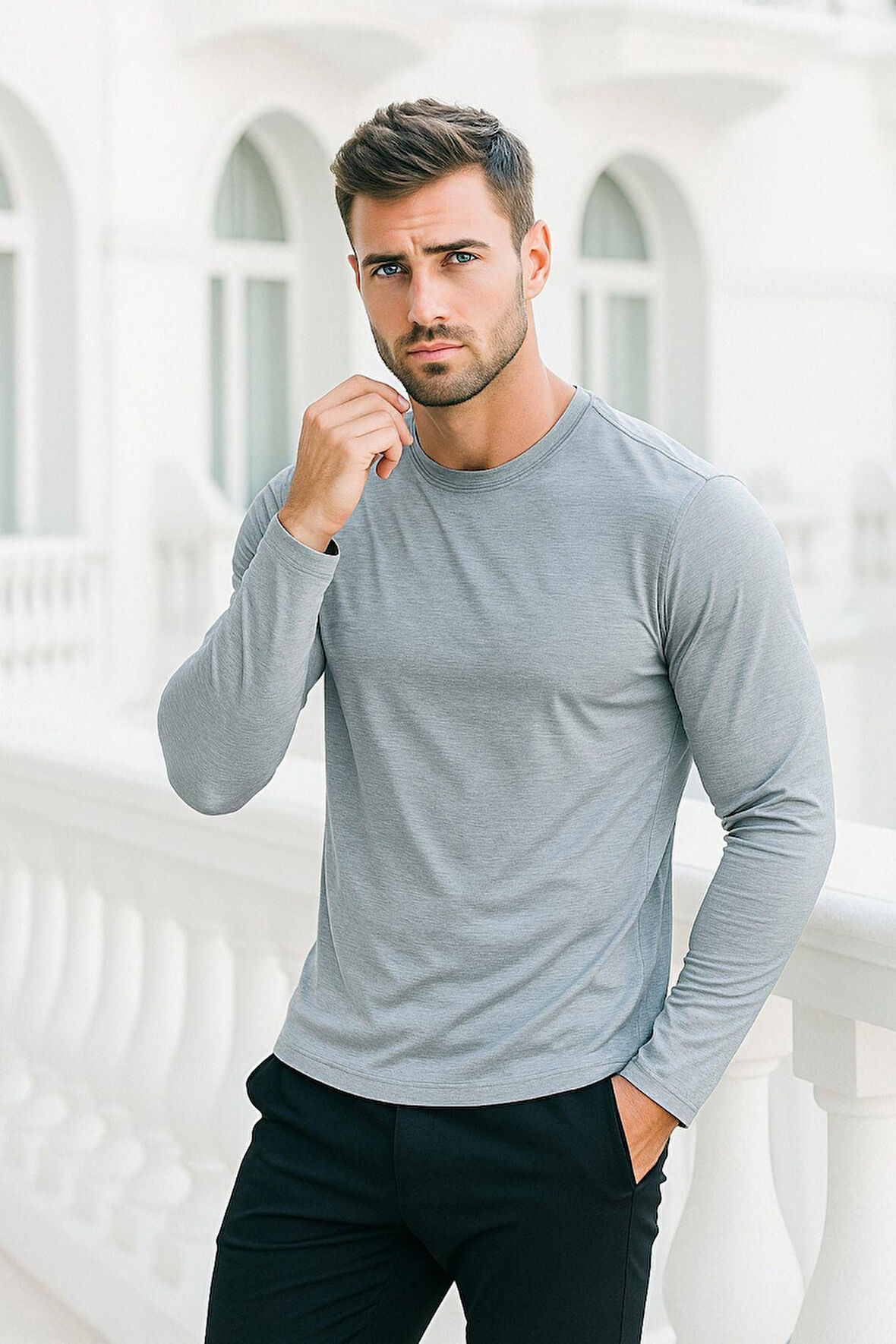 Erkek Uzun Kollu Bisiklet Yaka Tişört - %100 Pamuk Basic Relaxed T-shirt