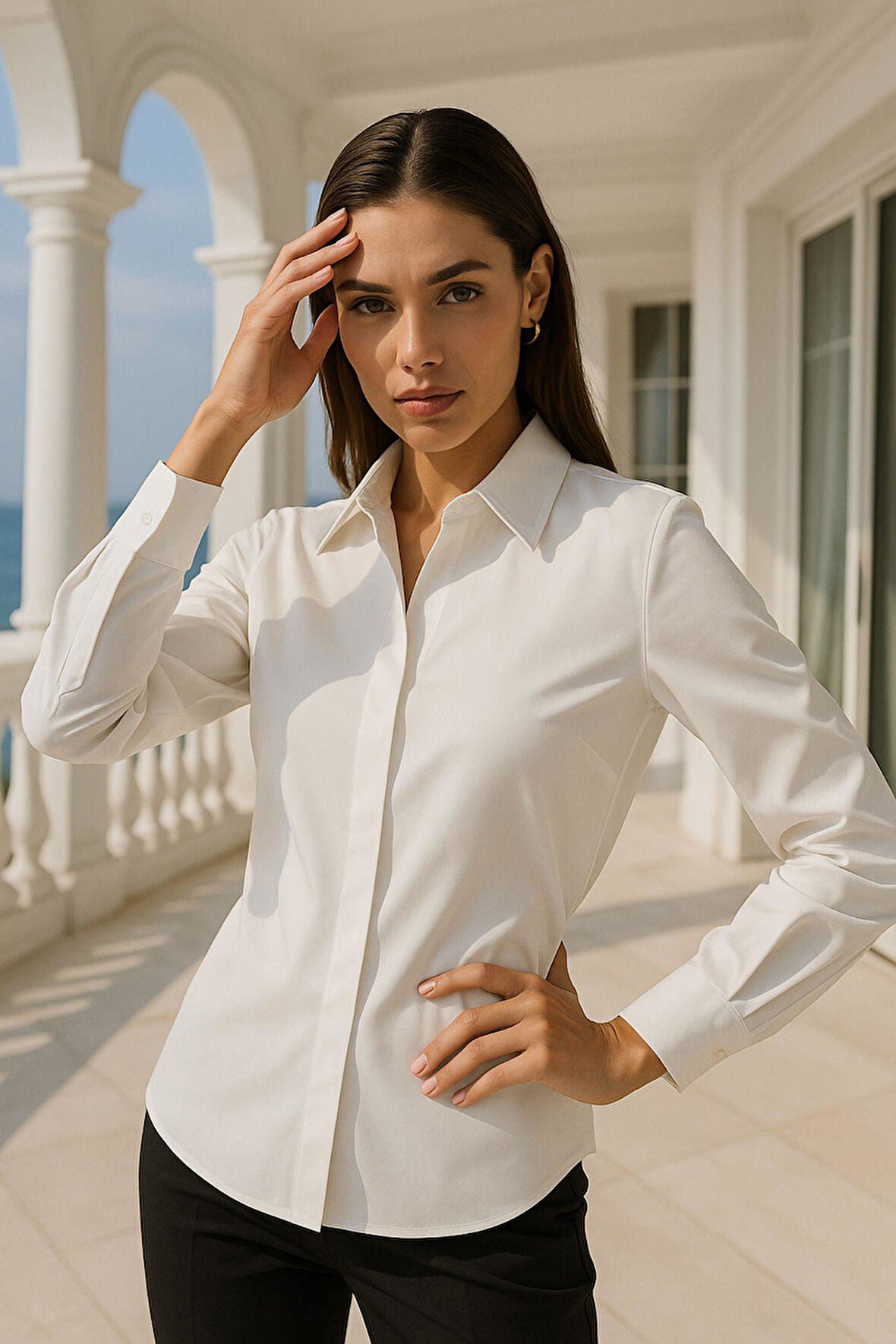 Kadın Ekru Gizli Düğme Detaylı Slim Fit Trend Krep Gömlek