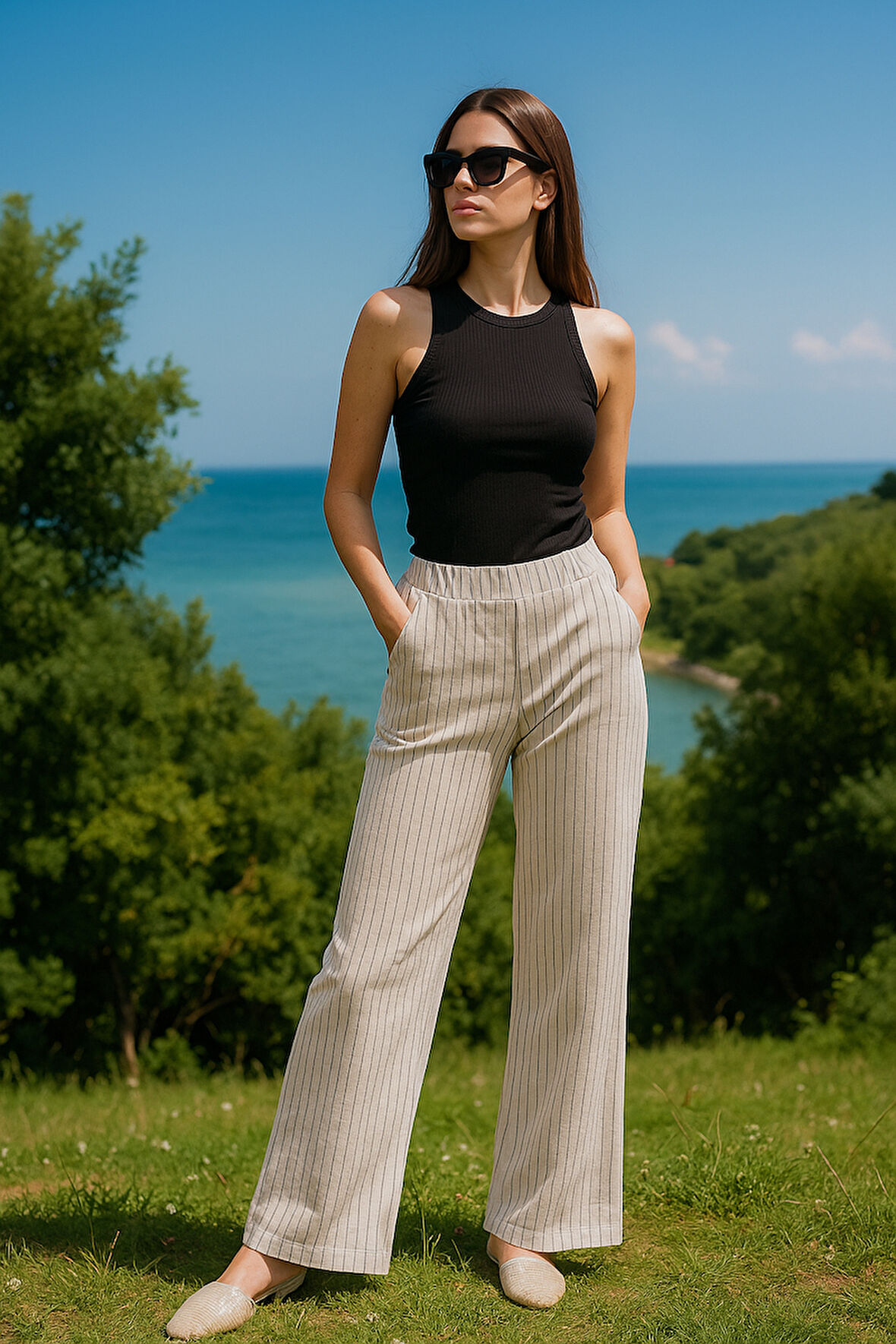 Kadın Çizgili  Yüksek Bel Lastikli Yandan Cepli Dokuma Pantalon 