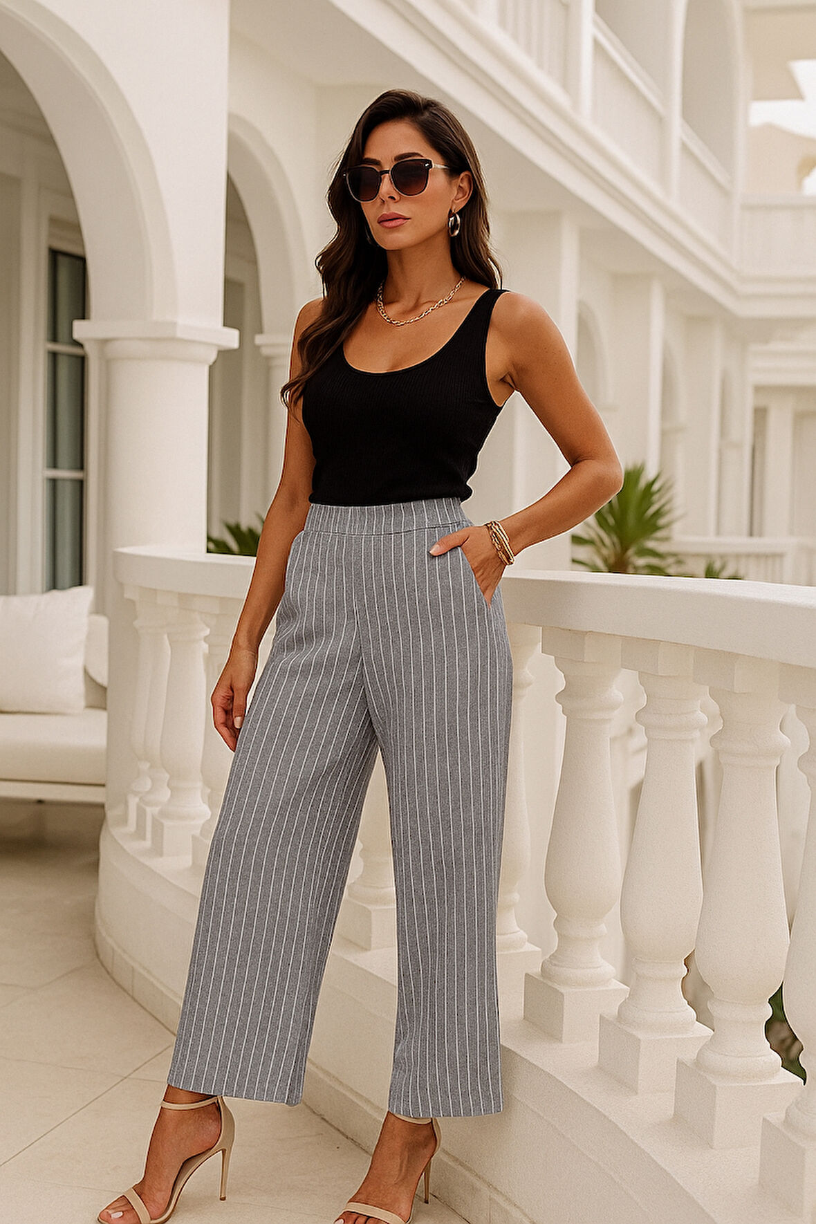 Kadın Çizgili  Yüksek Bel Lastikli Yandan Cepli Dokuma Pantalon 