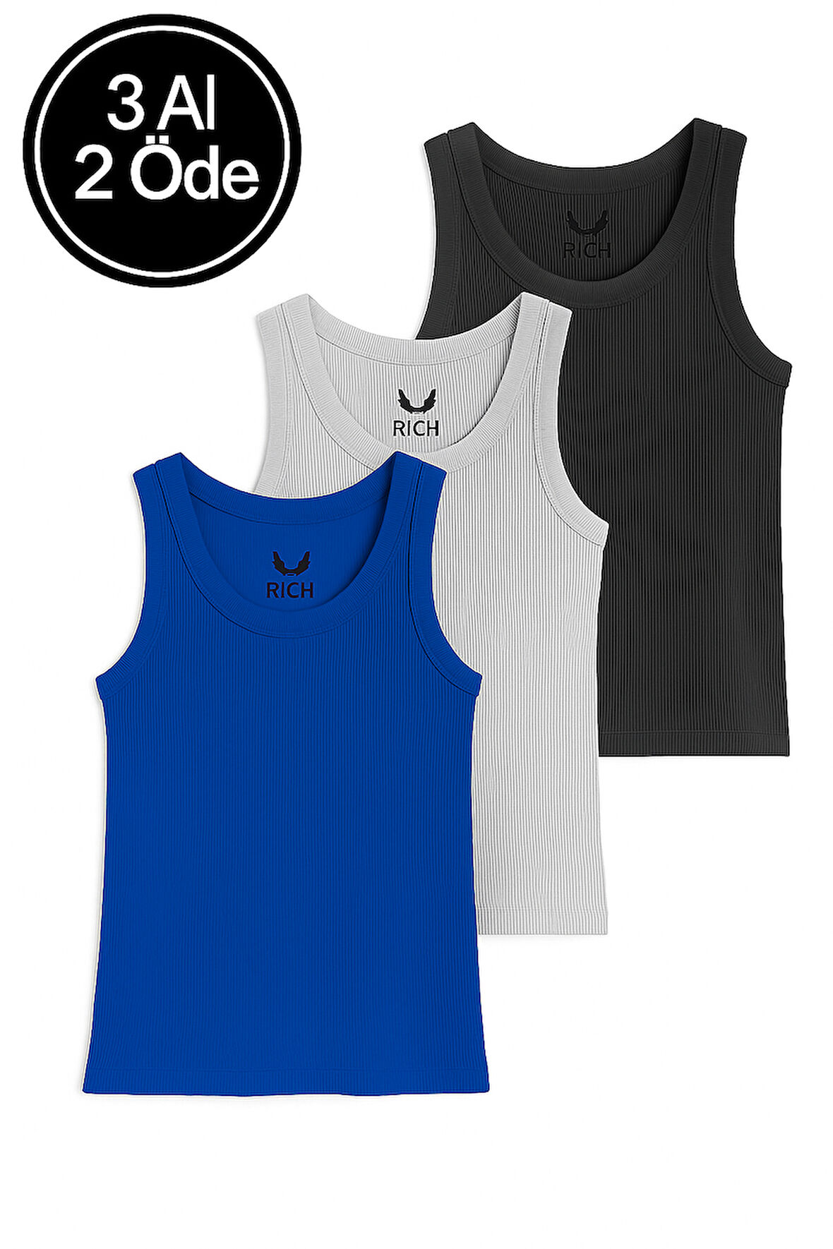 Kadın 3'lü Paket Antrasit-Gri-Saks Mavi Sıfır Kol Kaşkorse Body-Bisiklet Yaka %100 Pamuk Atlet Bluz