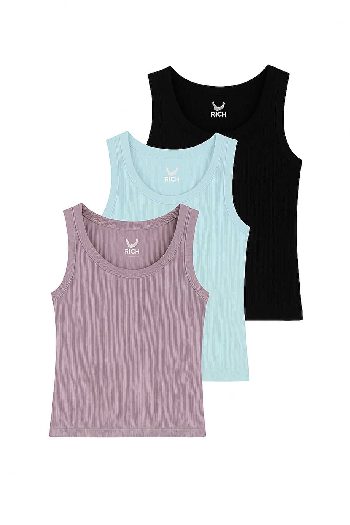 Kadın 3'lü Paket Siyah-Açık Mavi-Lila Sıfır Kol Kaşkorse Body-Bisiklet Yaka %100 Pamuk Atlet Bluz