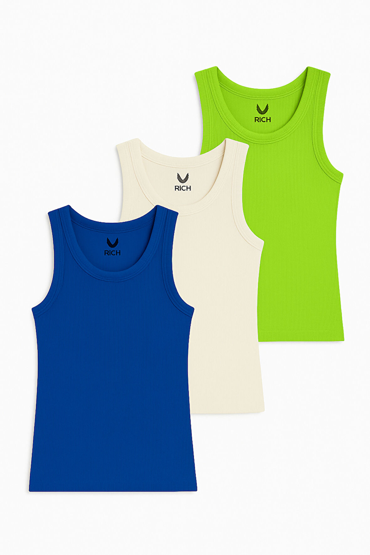 Kadın 3'lü Paket Saks Mavi-Beyaz-Fıstık Yeşili    Sıfır Kol Kaşkorse Body-Bisiklet Yaka %100 Pamuk Atlet Bluz