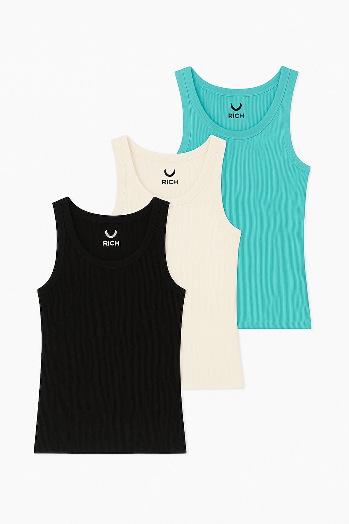 Kadın 3'lü Paket Siyah-Beyaz-Turkuaz   Sıfır Kol Kaşkorse Body-Bisiklet Yaka %100 Pamuk Atlet Bluz