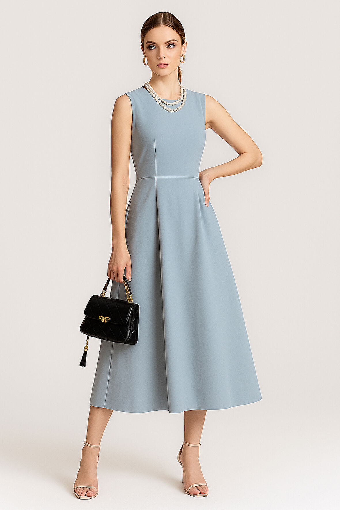 Kadın Açık Mavi Sıfır Kol Yuvarlak Yaka Elbise