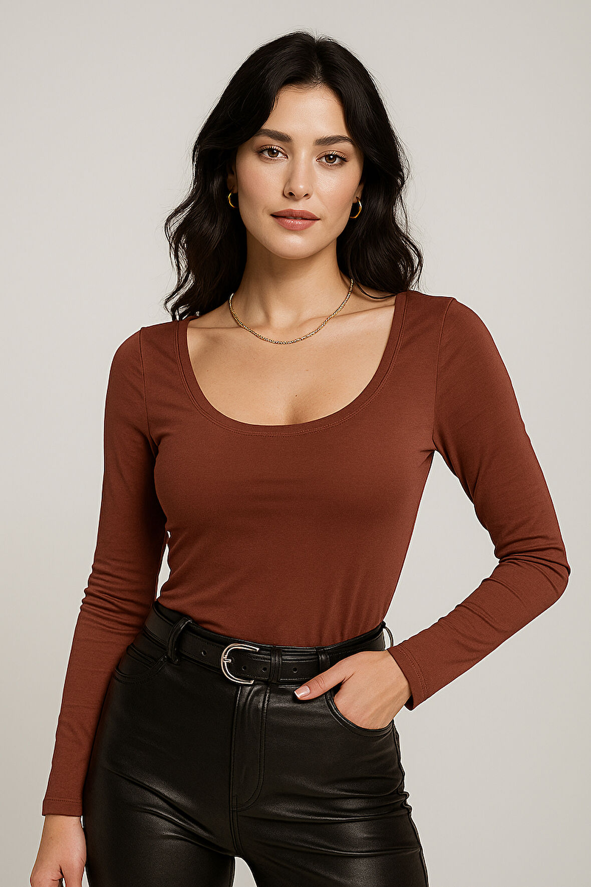 Kadın Bordo U Yaka Uzun Kollu Bluz