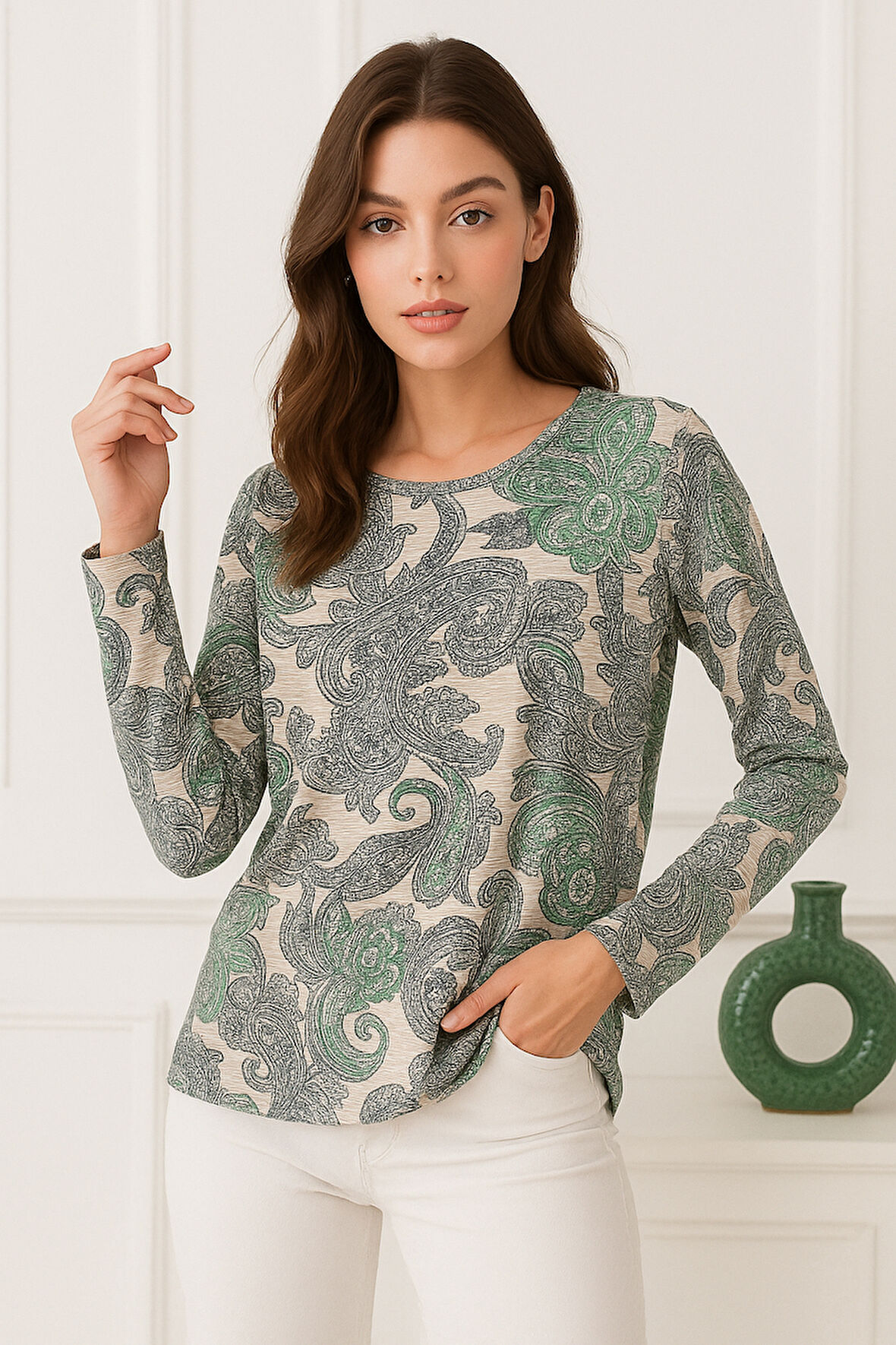 Kadın Bej Desenli Bisiklet Yaka Uzun Kollu Bluz