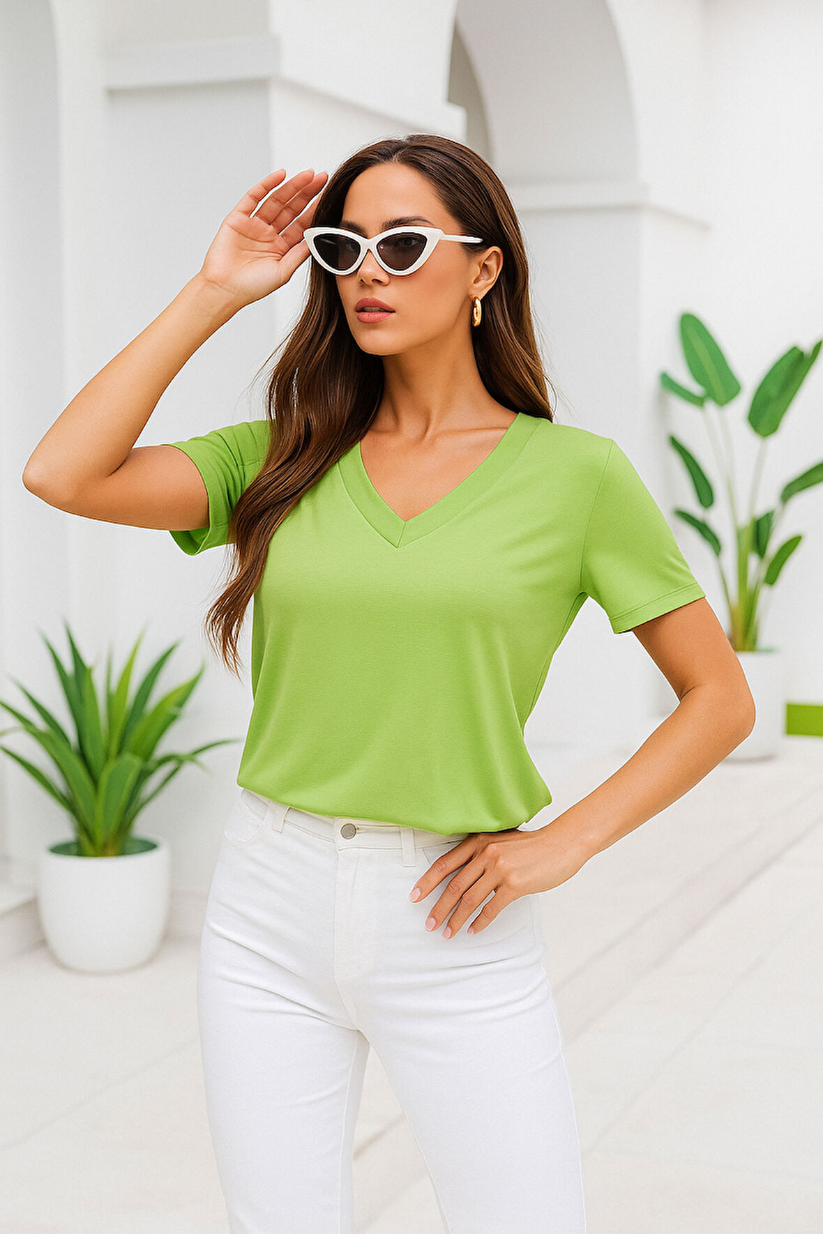 Kadın Yeşil Viskon V Yaka Basic Kısa Kollu Tişört