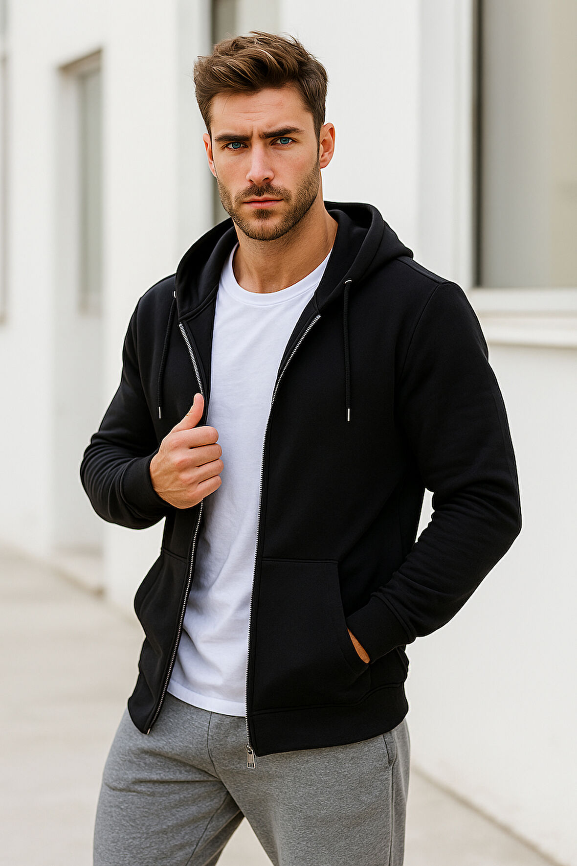 Erkek Siyah Kapüşonlu Kanguru Cepli Fermuarlı Sweatshirt