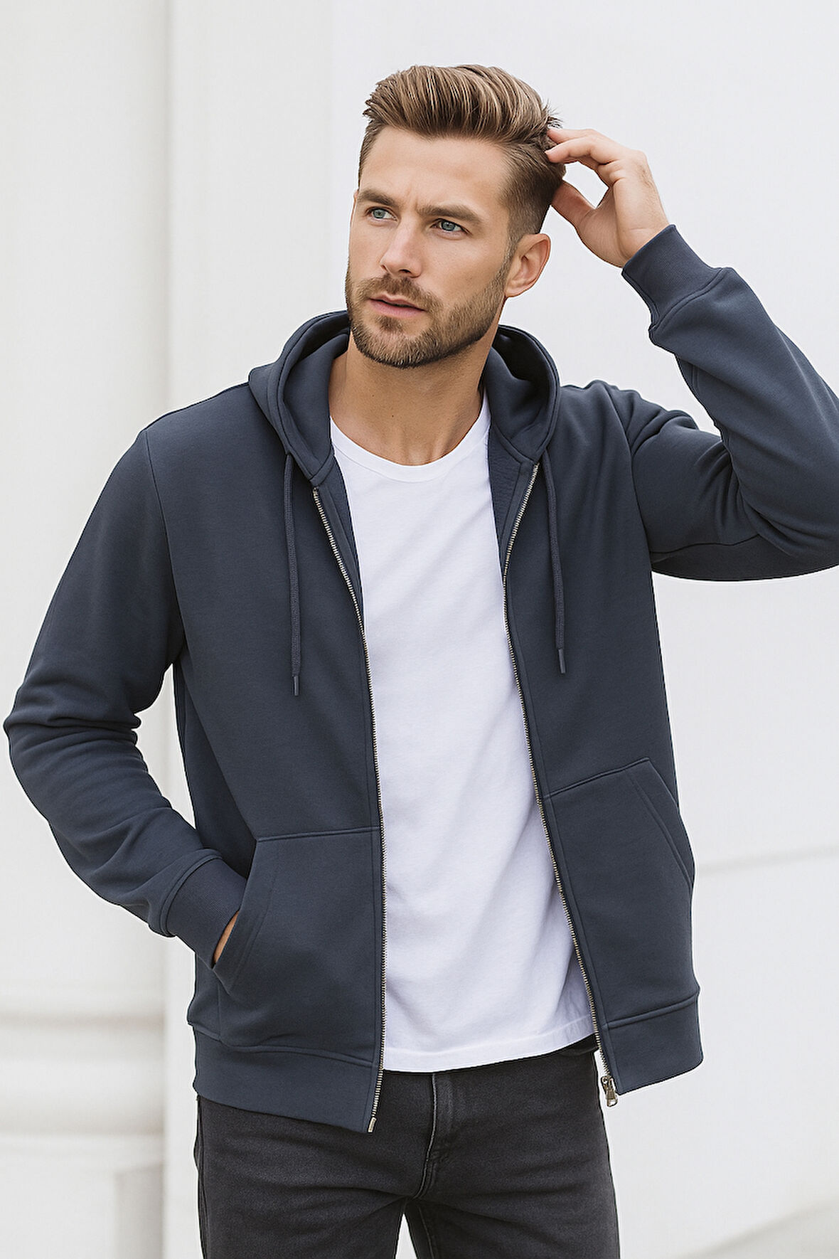 Erkek Füme Kapüşonlu Kanguru Cepli Fermuarlı Sweatshirt