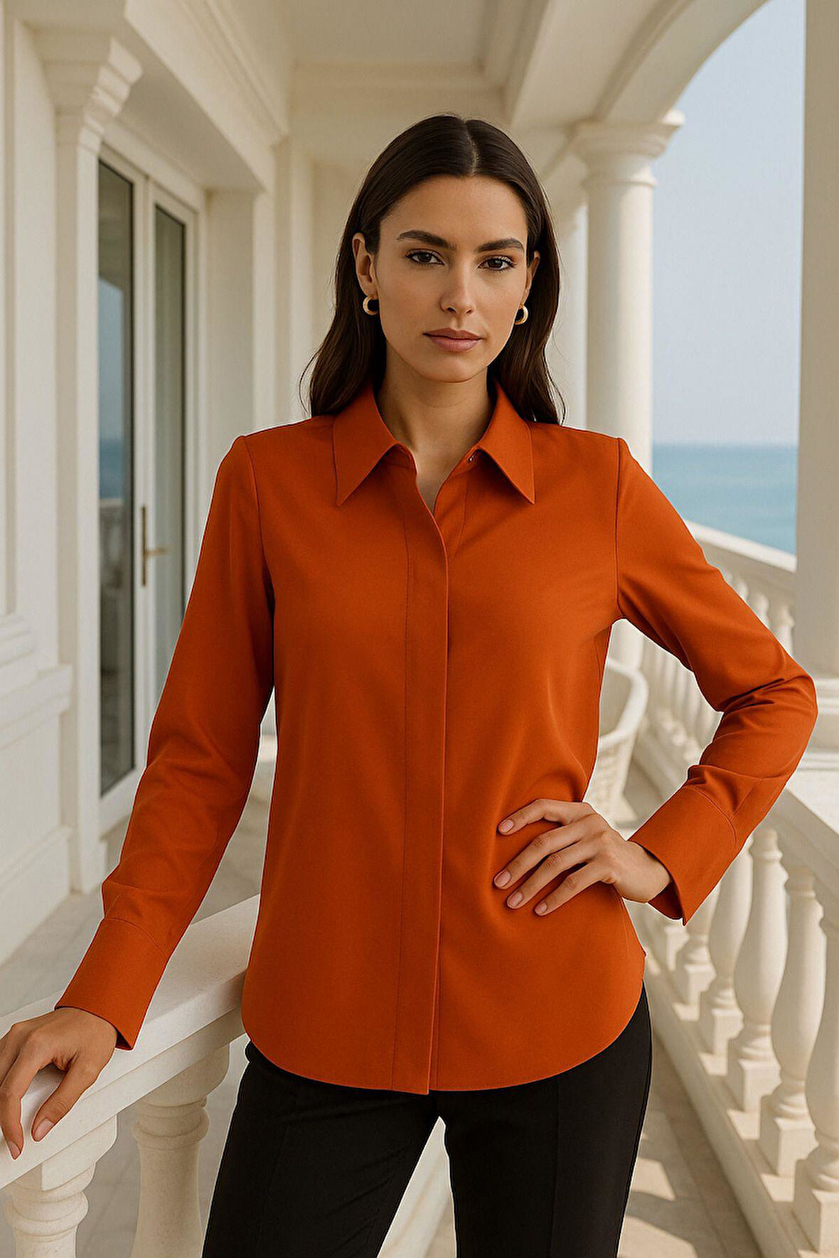 Kadın Kiremit Gizli Düğme Detaylı Slim Fit Trend Krep Gömlek