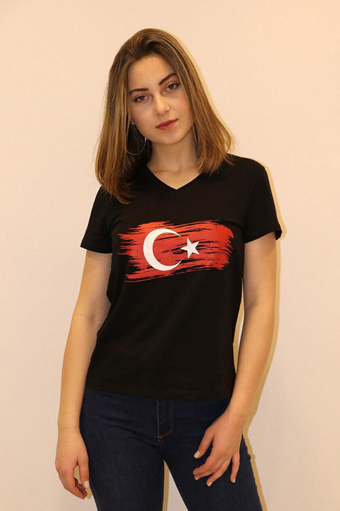 Rich Kadın V Yaka T-shirt %100 Pamuk Tişört