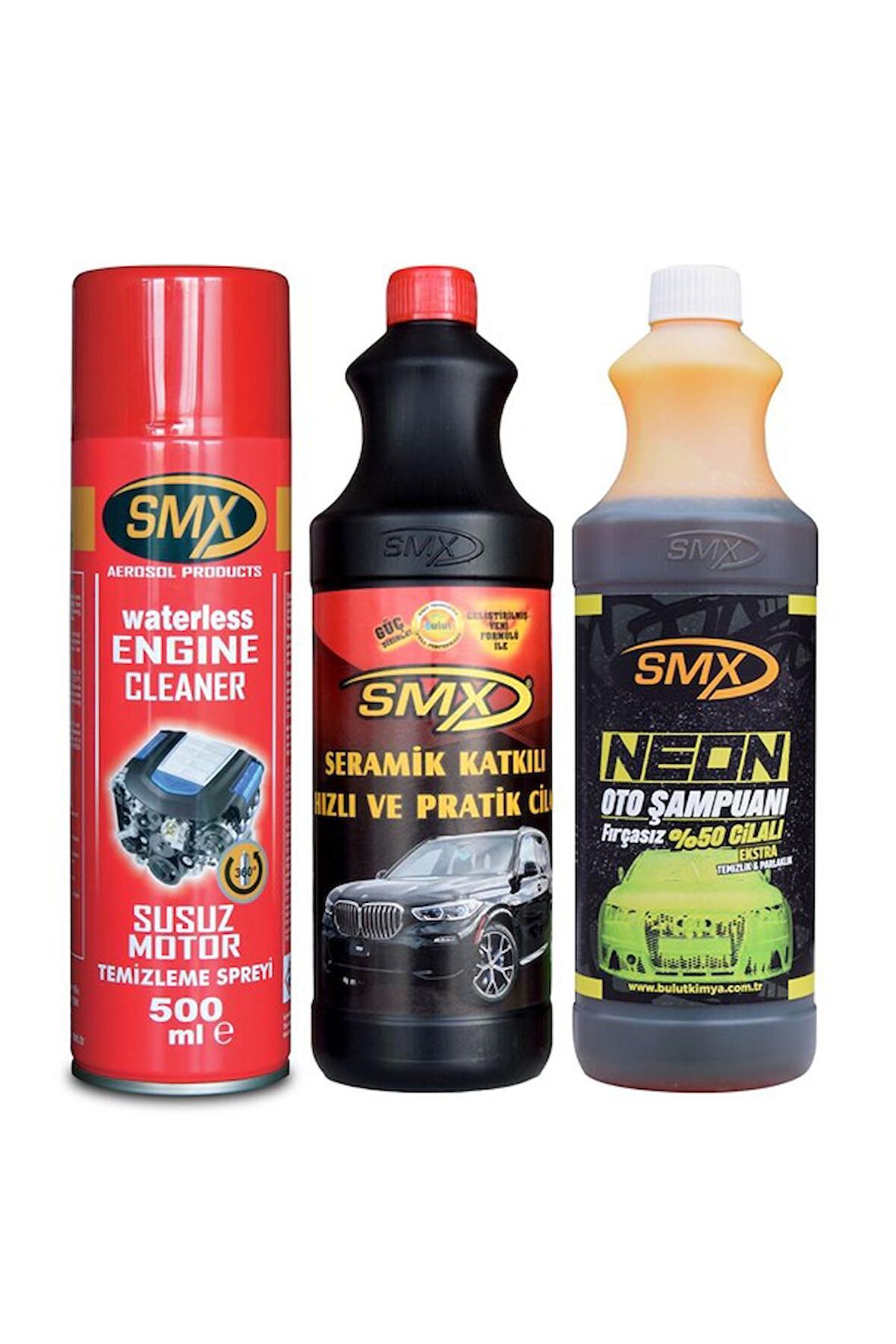 SMX Susuz Motor Temizleme Ve Koruma Spreyi 500 ml - Seramik Katkılı Hızlı Ve Pratik Cila 1 lt. - SMX Neon %50 Cilalı Oto Şampuanı 1 Lt.