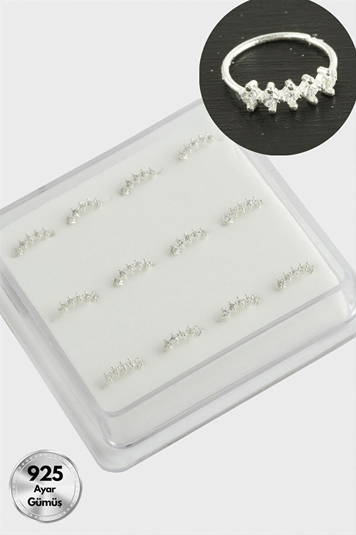 Zikzak Zirkon Taşlı Halka Gümüş Hızma 12 Adet