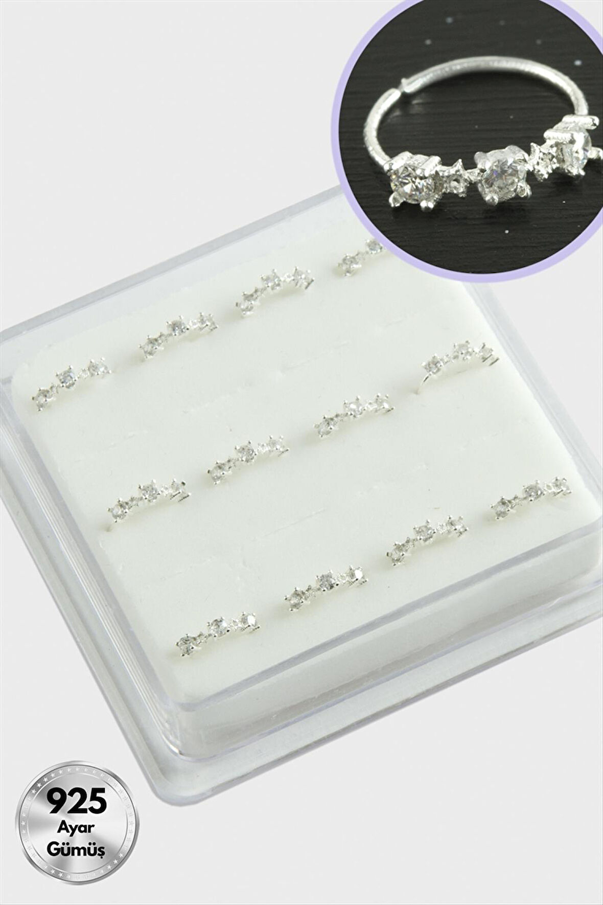 Zirkon Tek Taş Halka Gümüş Hızma 12 Adet