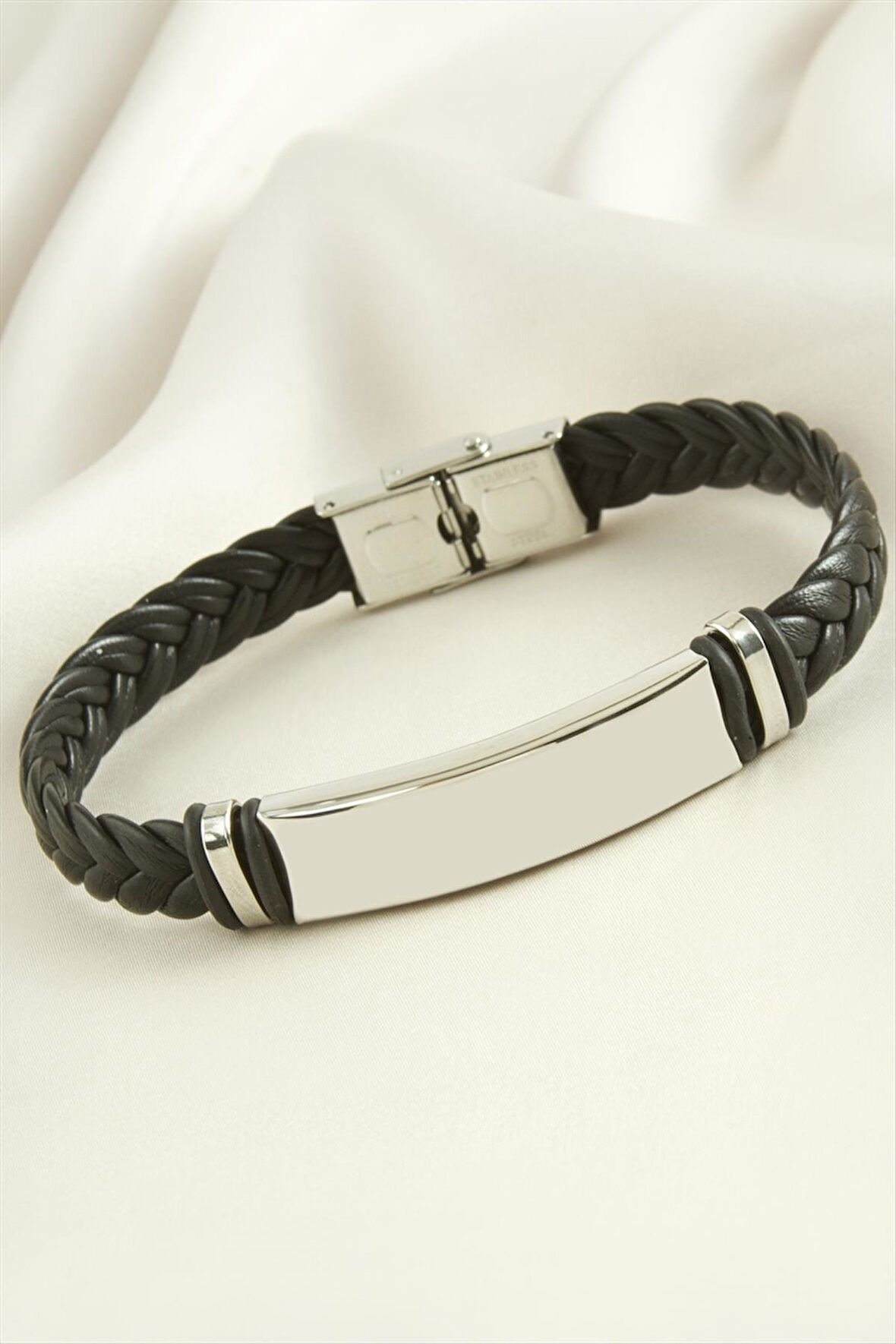 Örgülü İsim Yazılabilir Deri Çelik Bileklik