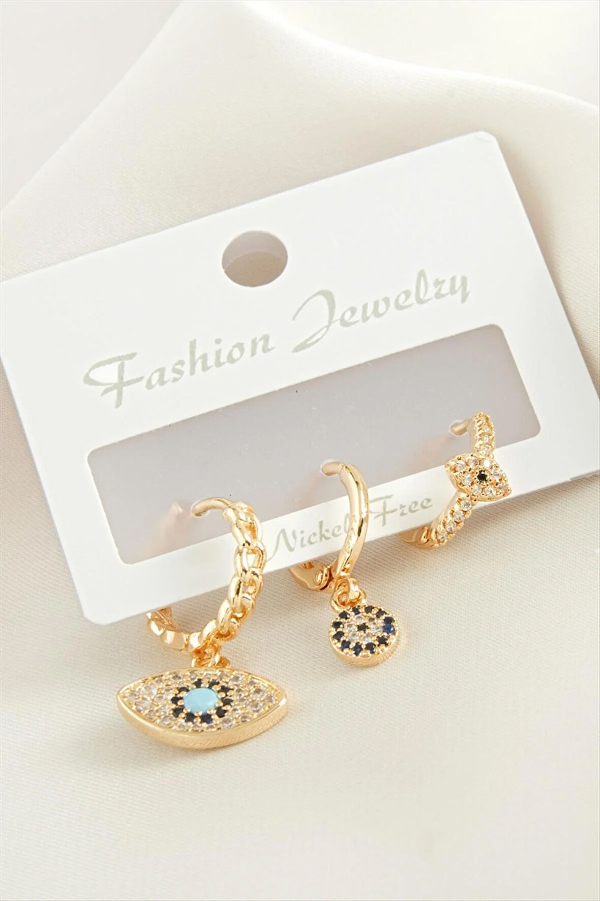 3 Adet Oval Nazar Zirkon Taşlı Küpe