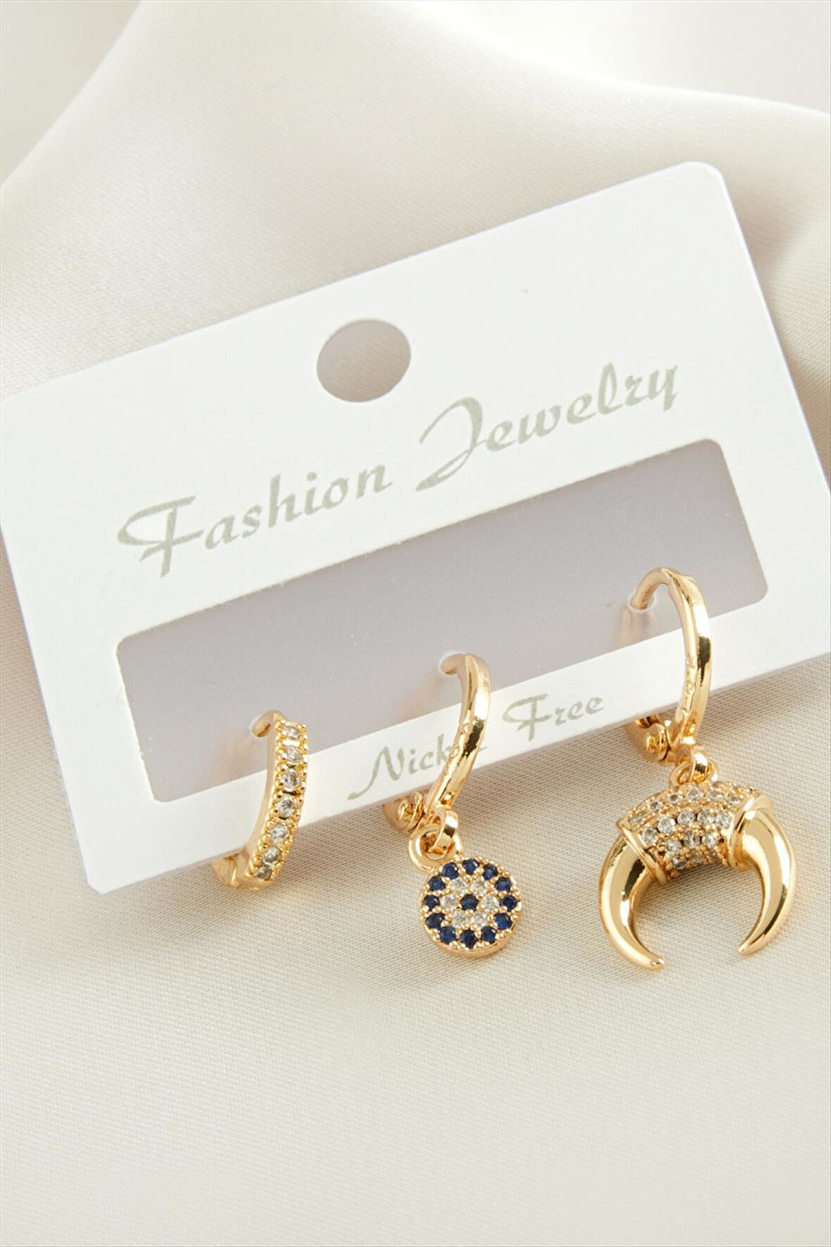 3 Adet Hilal Zirkon Taşlı Küpe