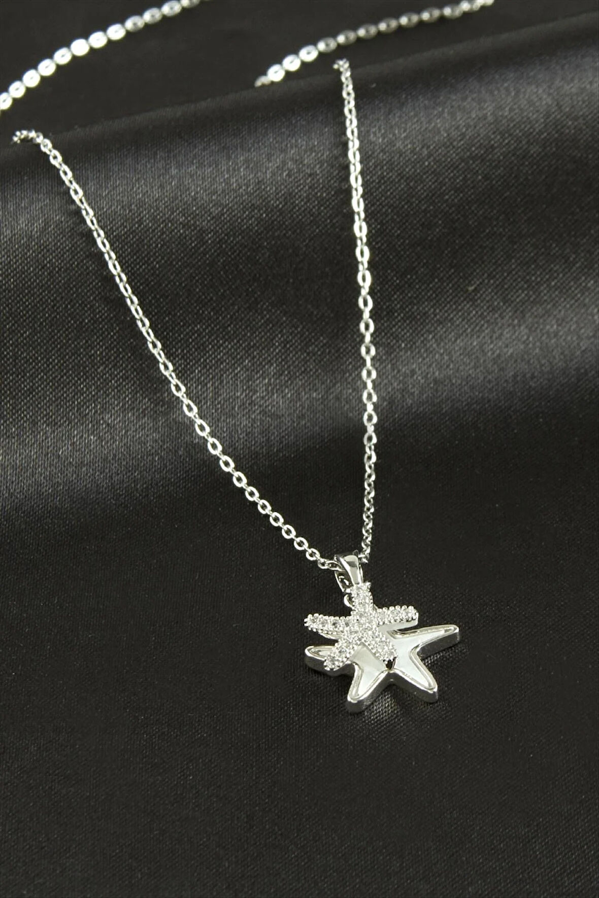 Yıldız Zirkon Taşlı Sedef Lüks Çelik Kolye