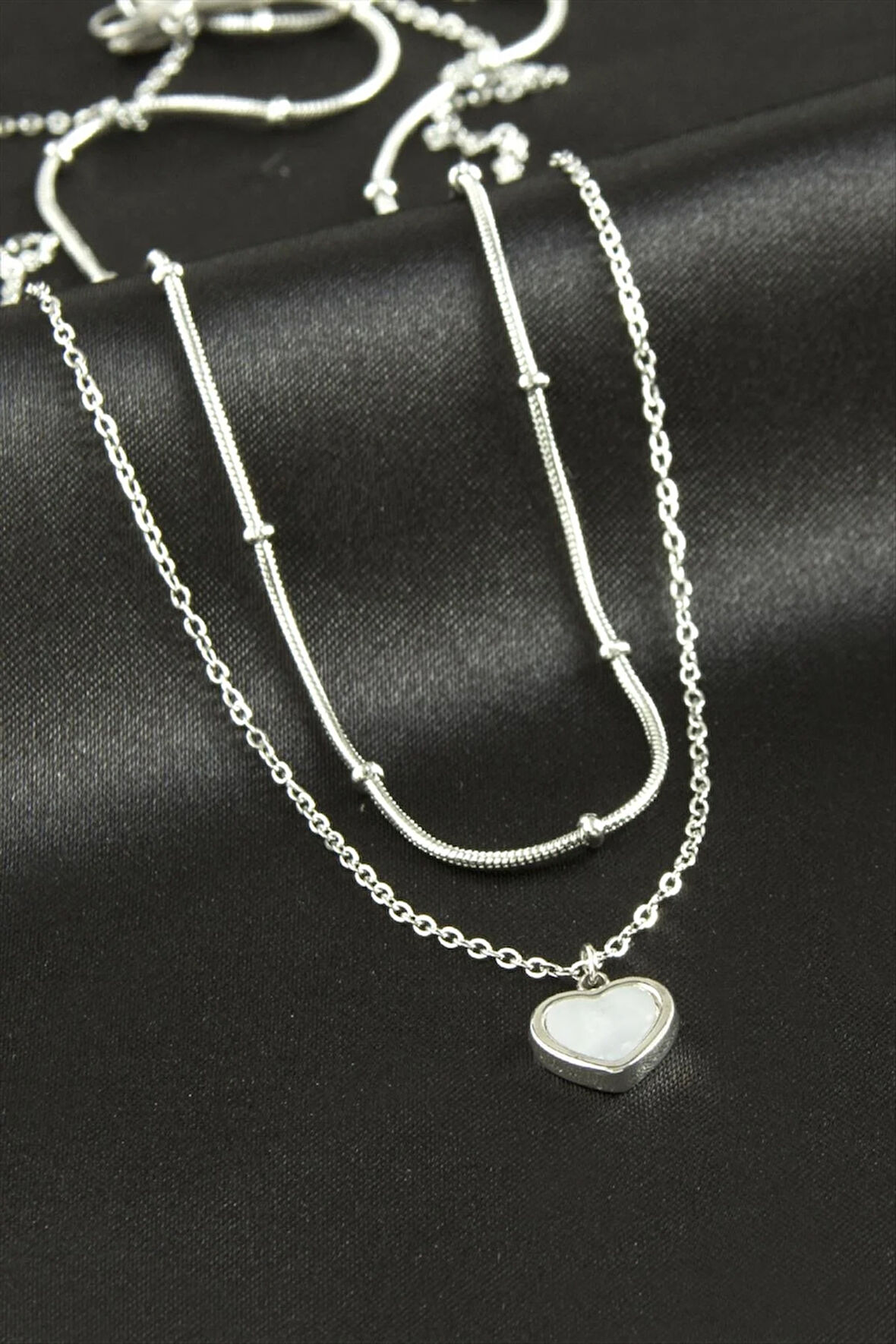 Kalp Sedef Lüks Çelik İkili Kolye