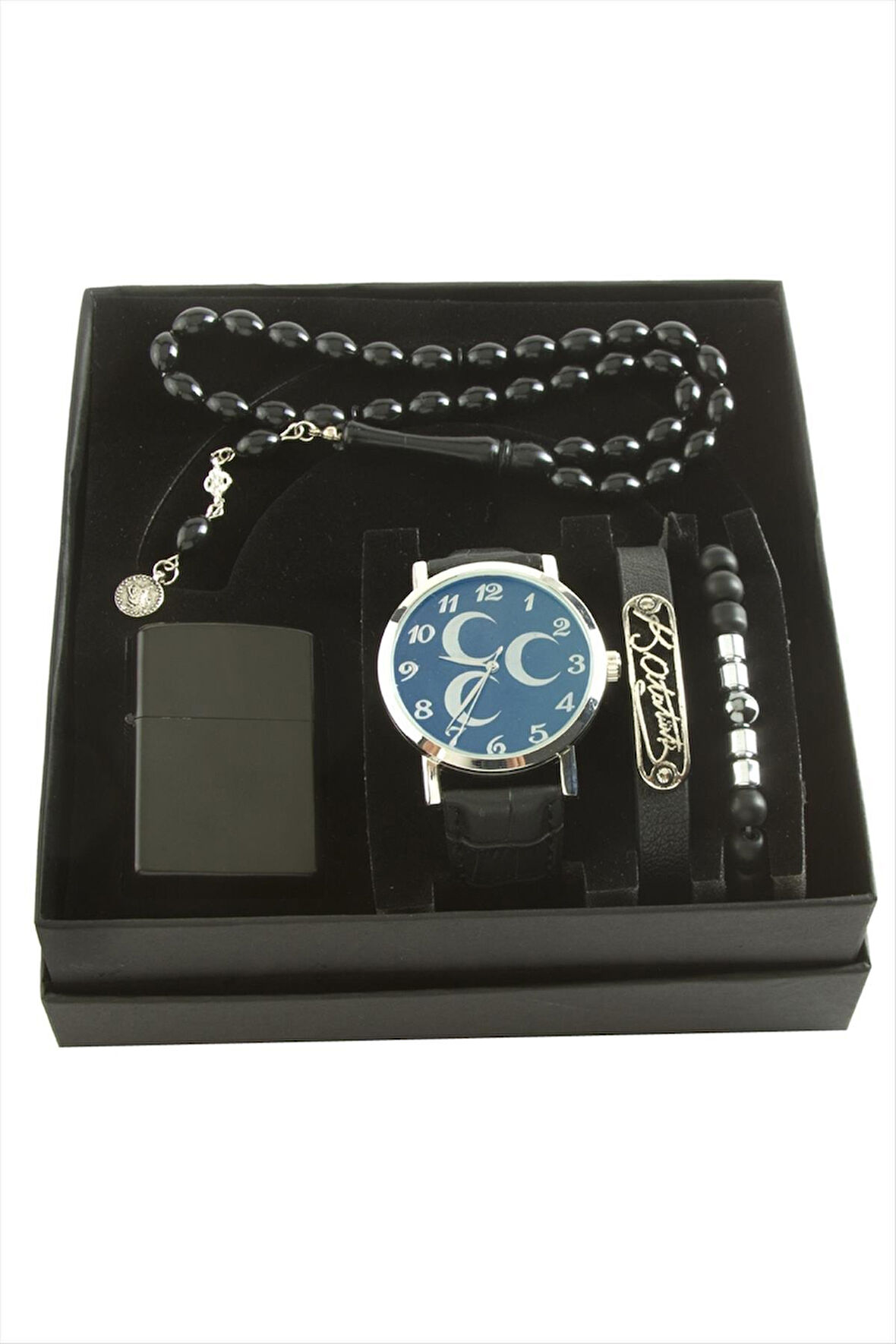 Hilal Temalı Kol Saati Tesbih Bileklik ve Çakmak Kutulu Set
