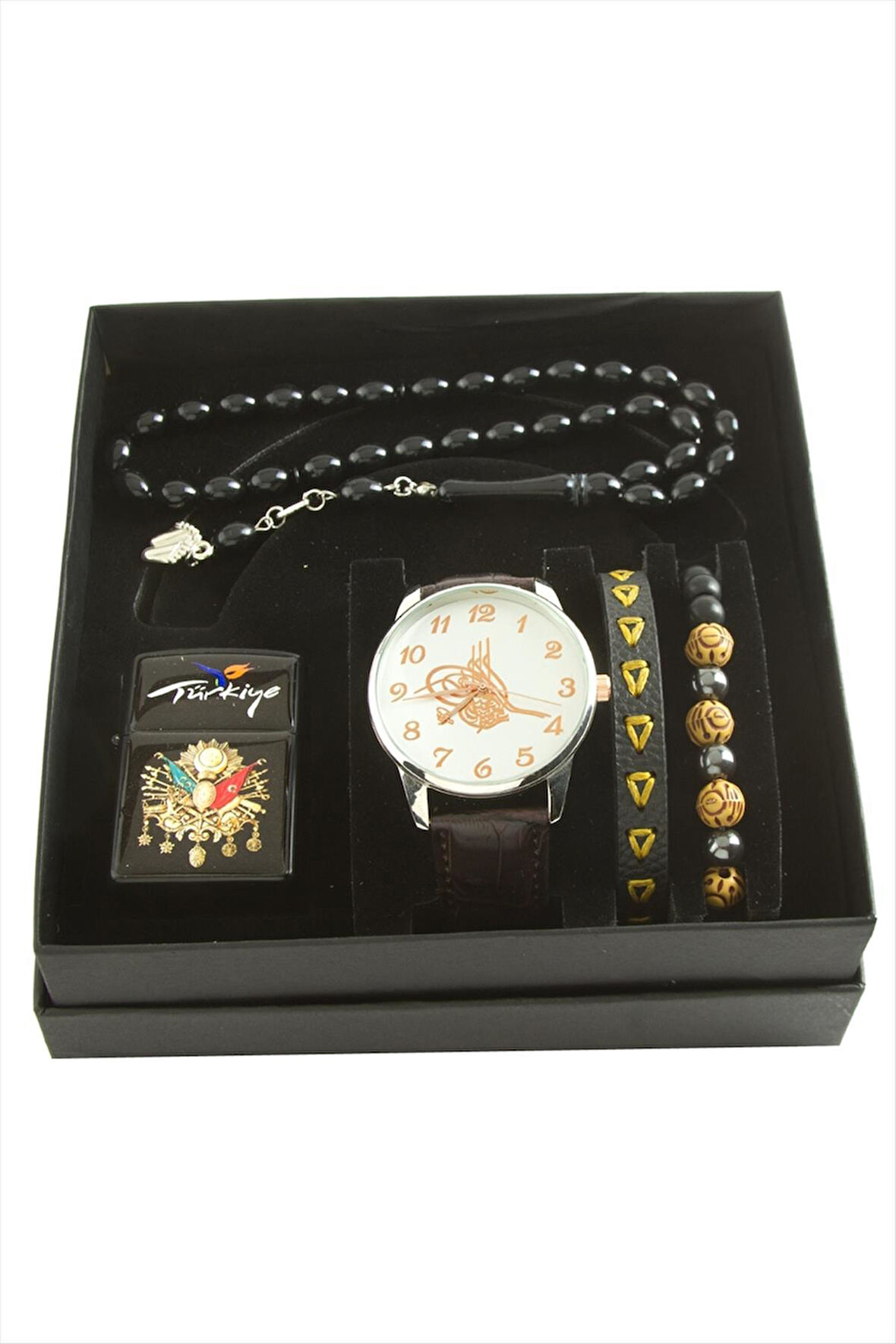 Tuğra Temalı Kol Saati Tesbih Bileklik ve Çakmak Kutulu Set