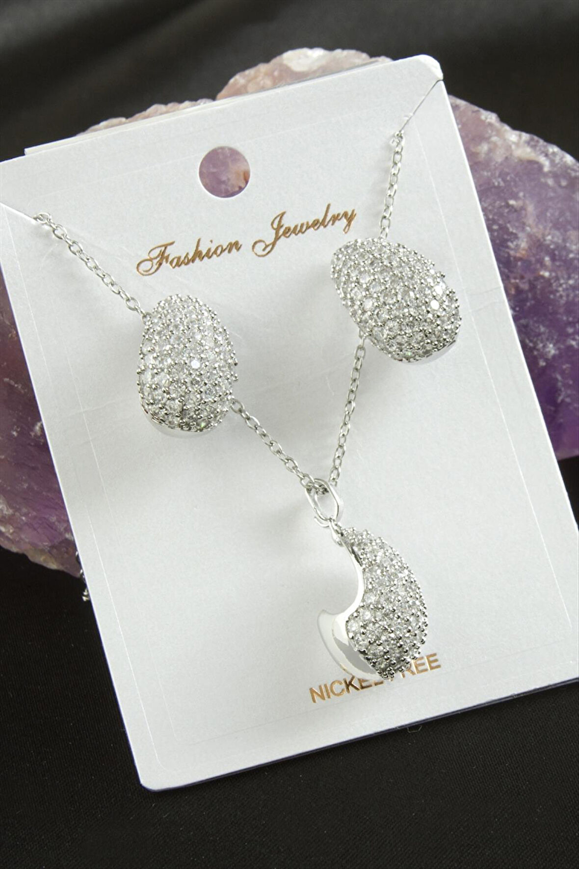 Oval Zirkon Taşlı Lüks Set Kolye