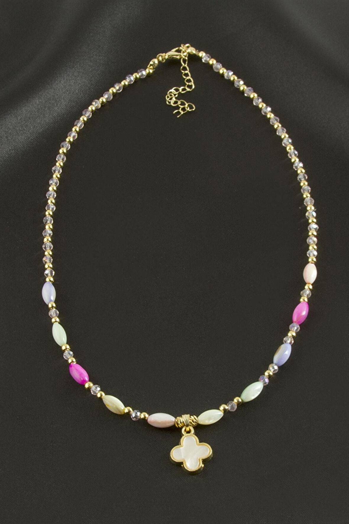 Çiçek Sedef Cam Boncuk Kristal Kolye