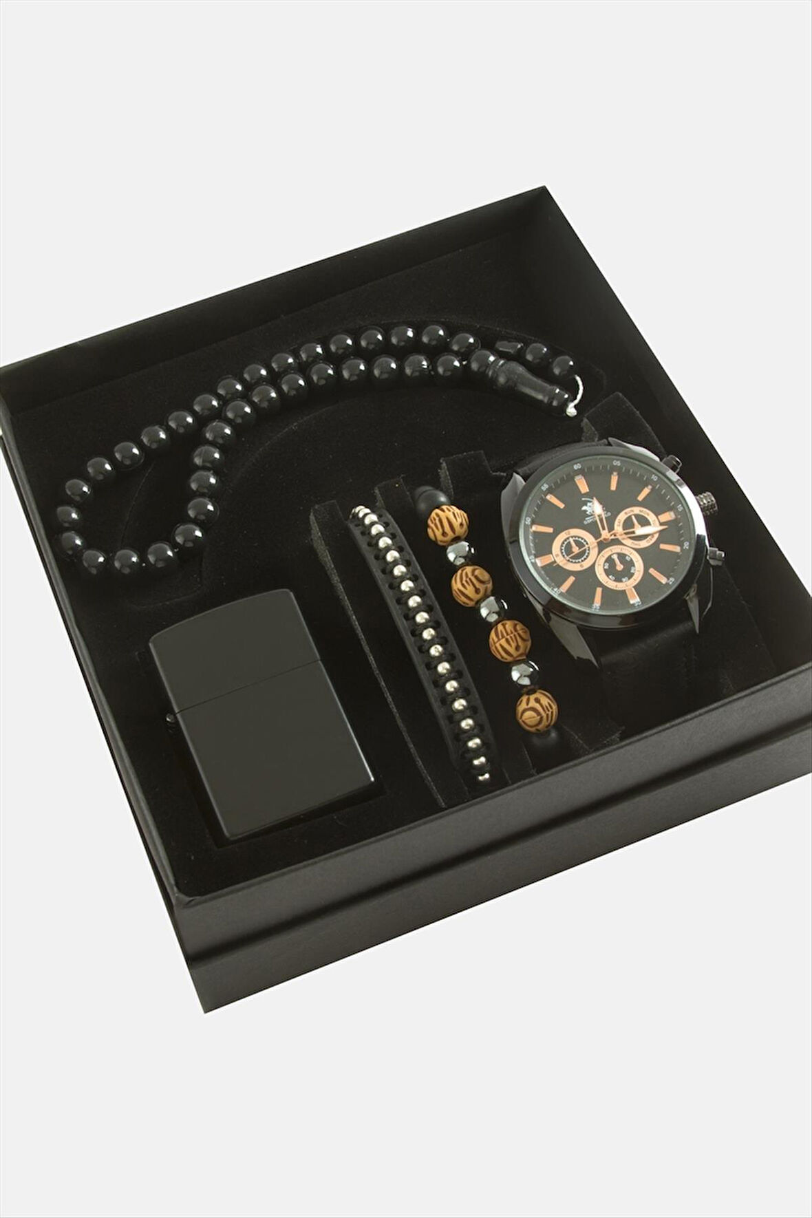 Kayışlı Kol Saati Tesbih Bileklik ve Çakmak Kutulu Set