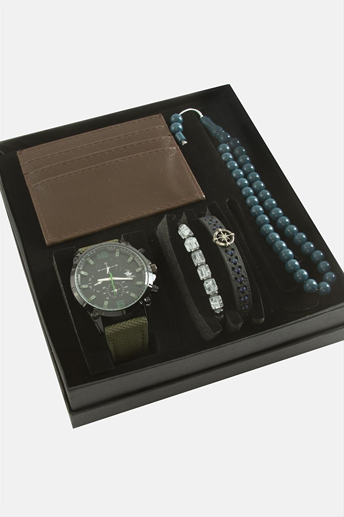 Kayışlı Kol Saati Tesbih Bileklik ve Cüzdan Kutulu Set