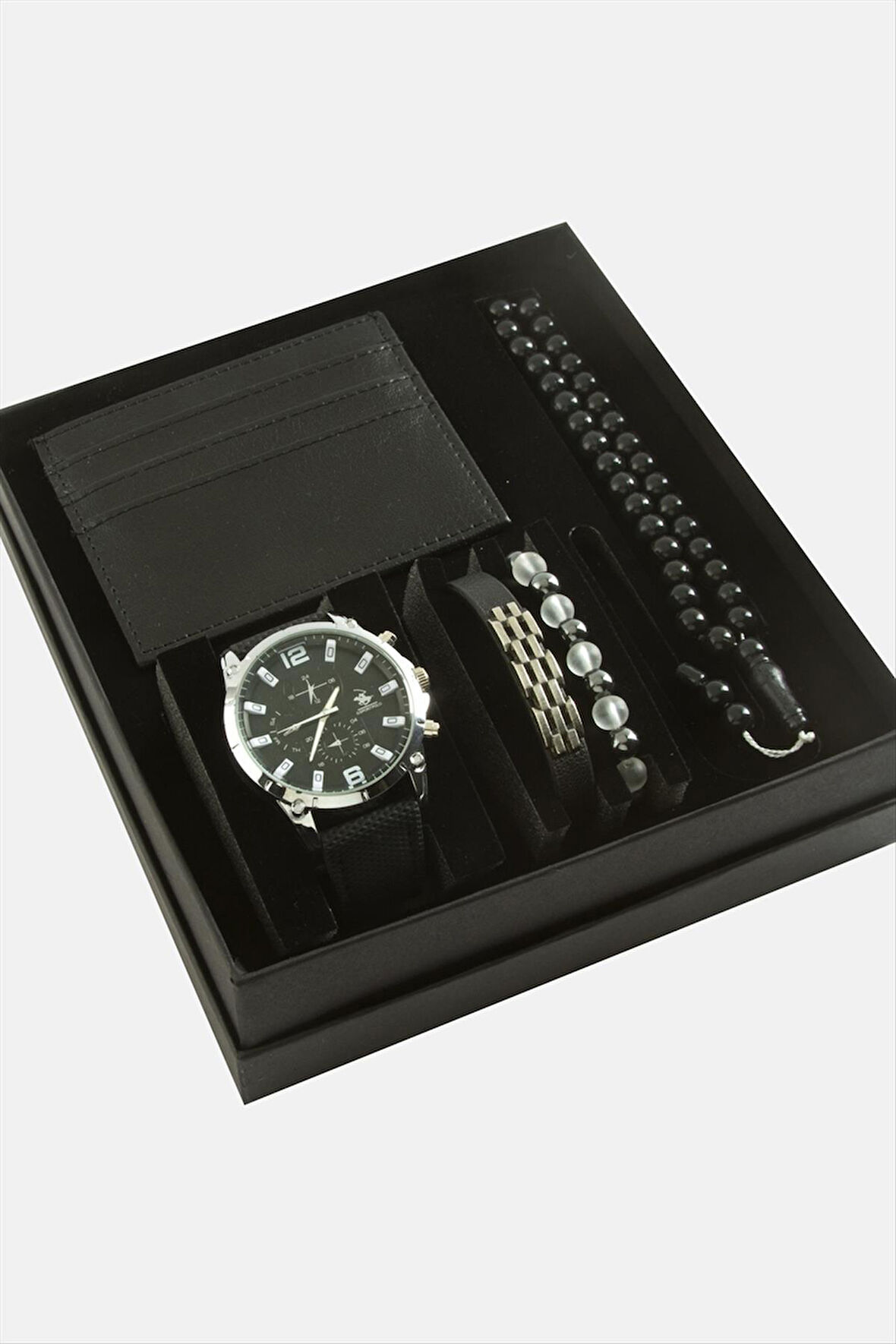 Kayışlı Kol Saati Tesbih Bileklik ve Cüzdan Kutulu Set