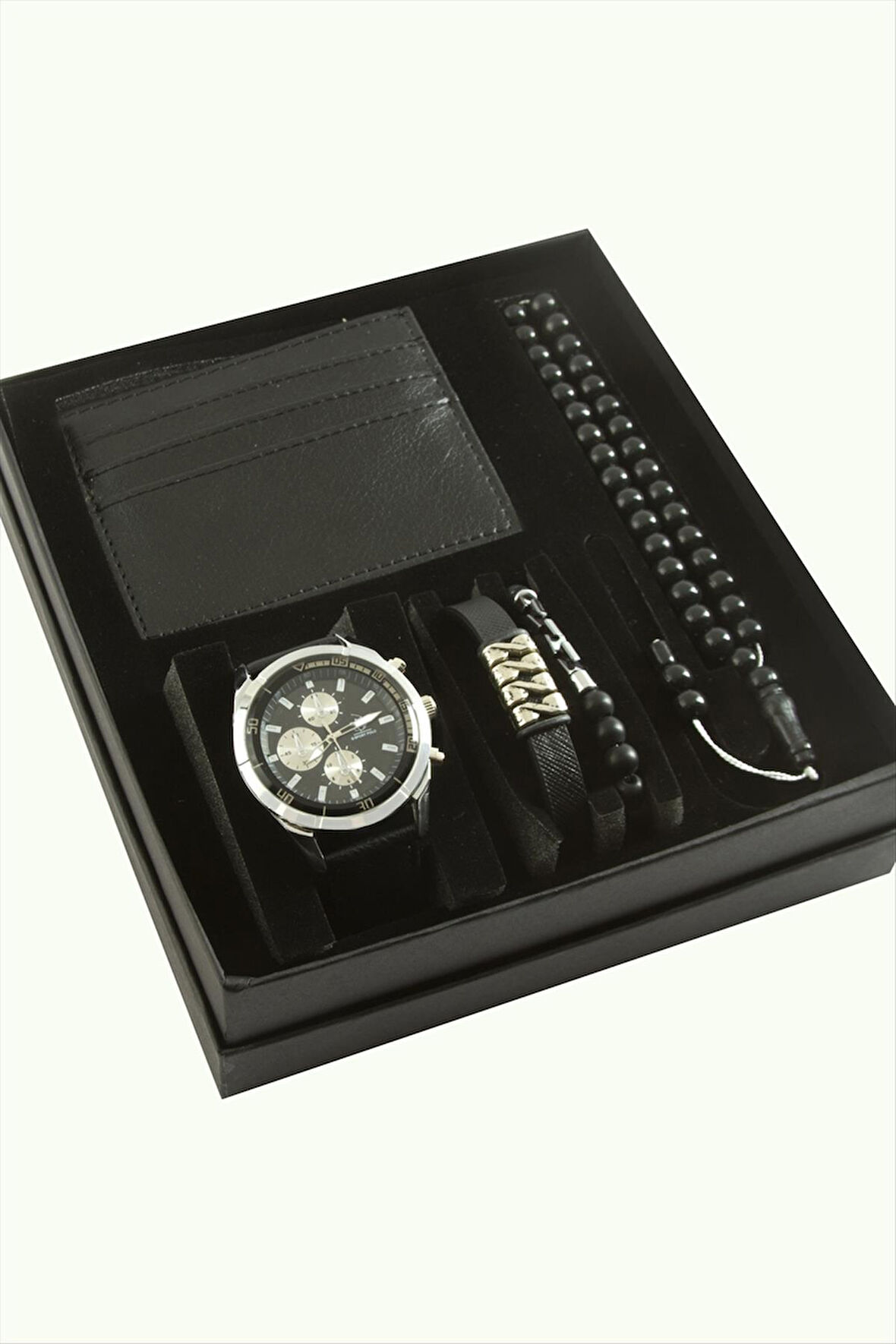 Kayışlı Kol Saati Tesbih Bileklik ve Cüzdan Kutulu Set