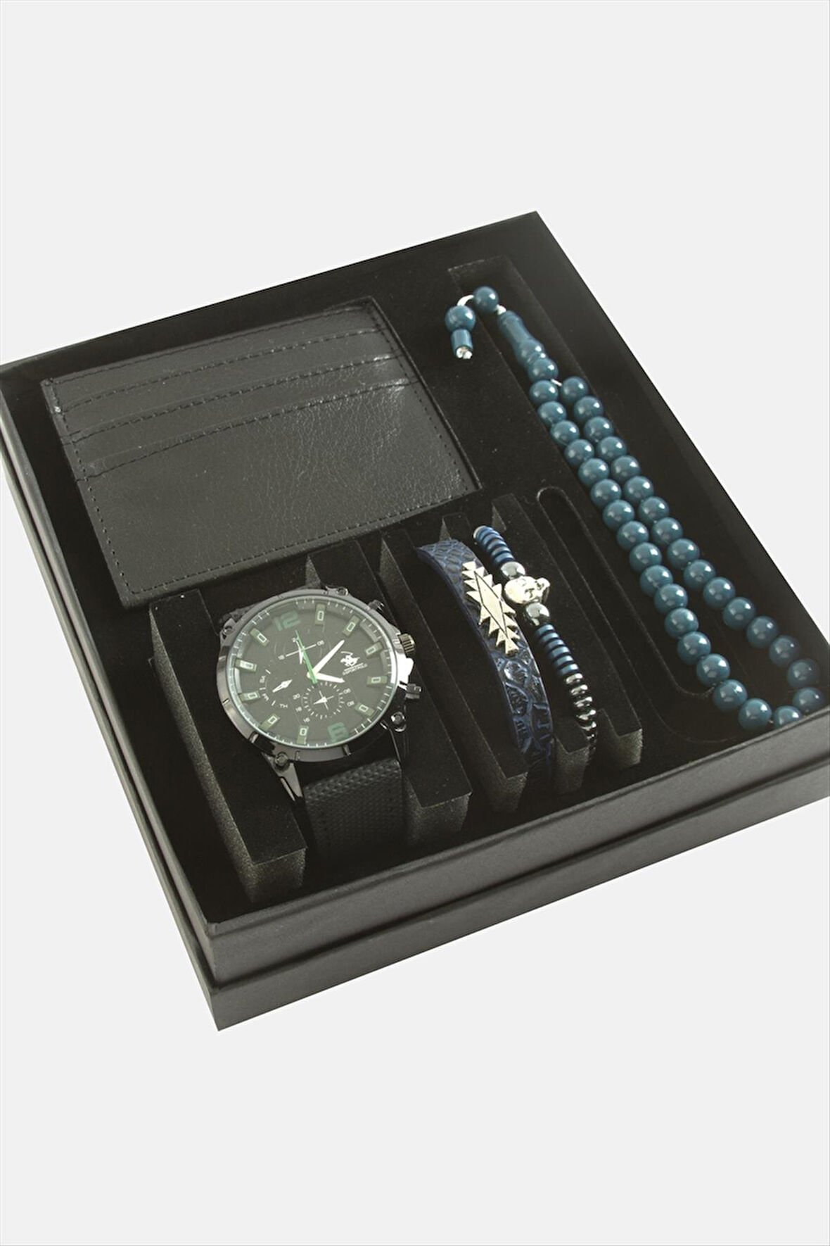Kayışlı Kol Saati Tesbih Bileklik ve Cüzdan Kutulu Set