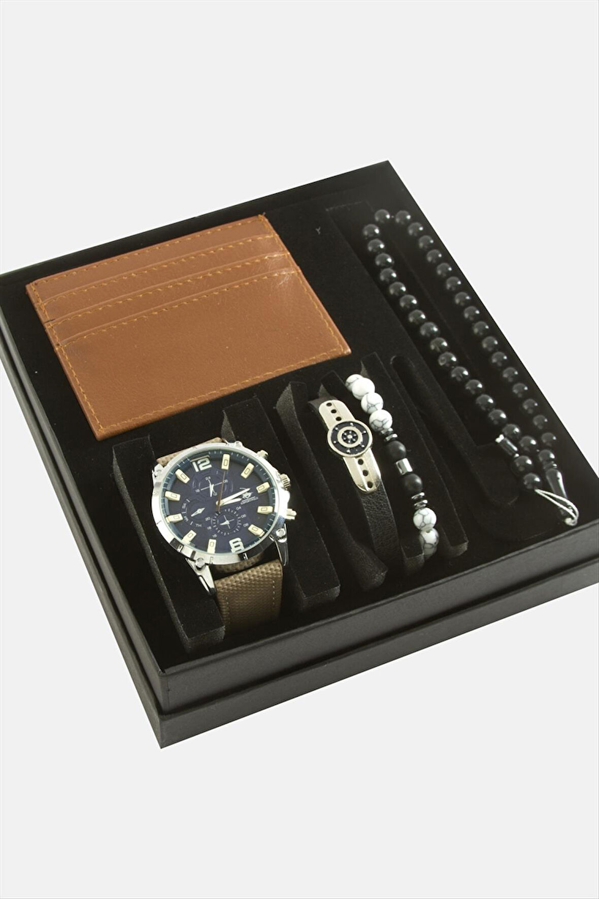 Kayışlı Kol Saati Tesbih Bileklik ve Cüzdan Kutulu Set