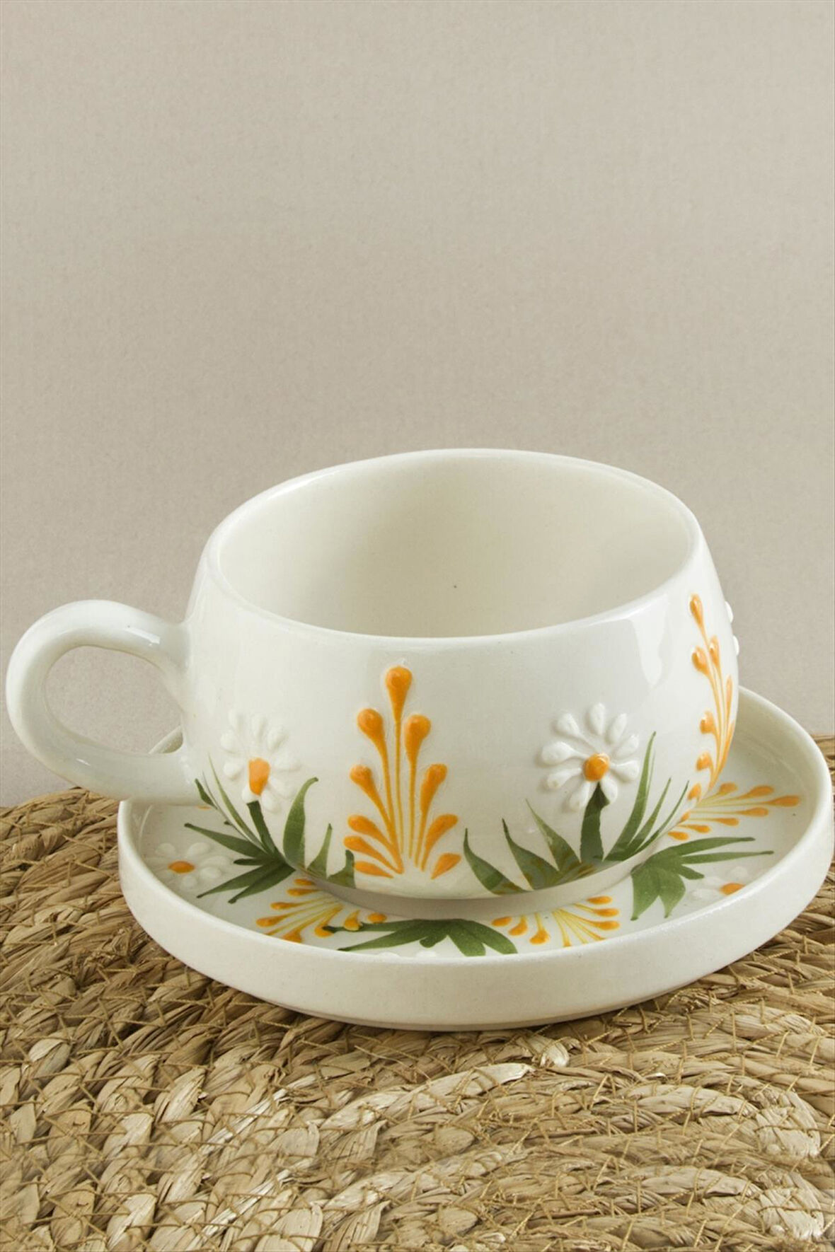 Papatya Desenli Seramik Tabaklı Kupa