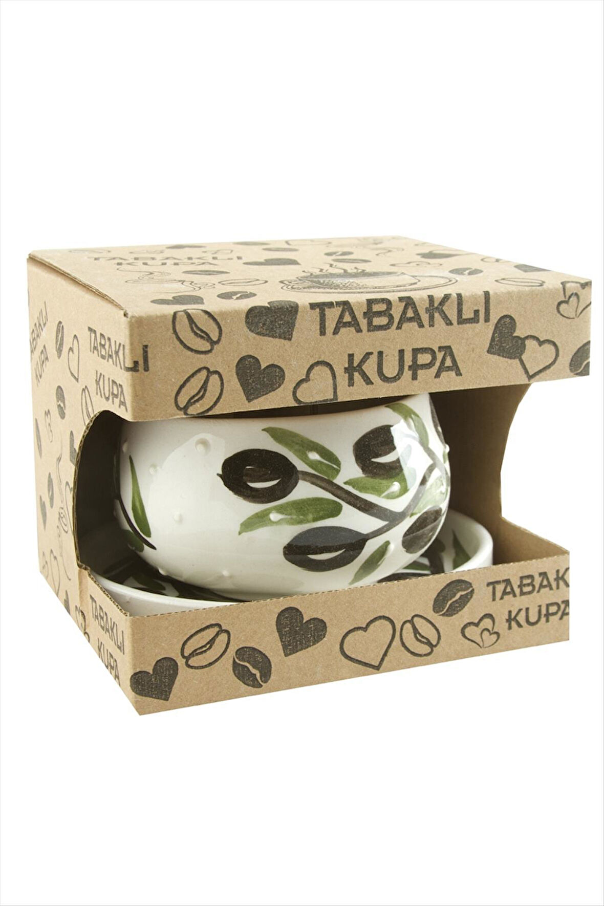 Zeytin Dalı Desenli Seramik Tabaklı Kupa