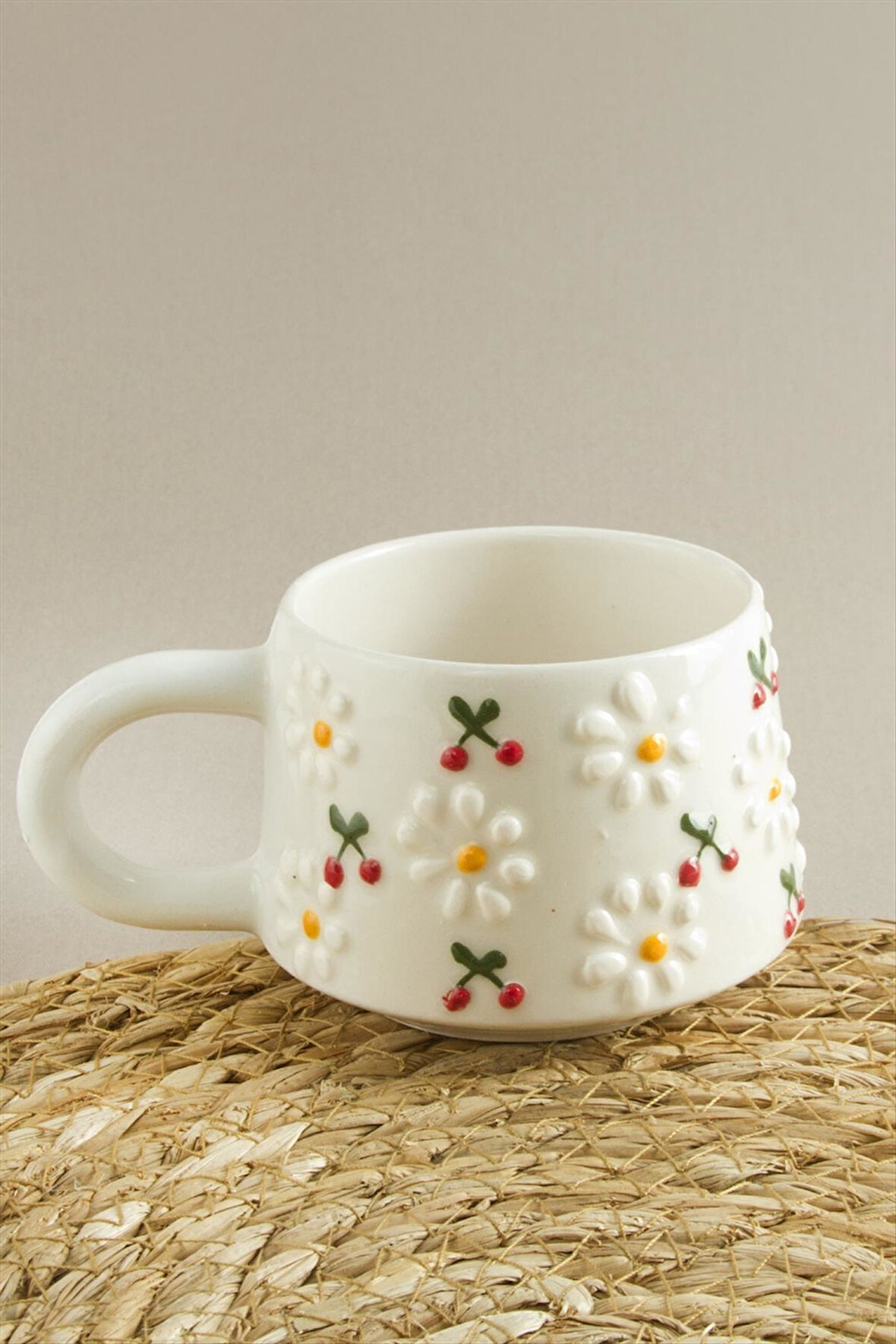 Papatya Kiraz Desenli Seramik Kupa