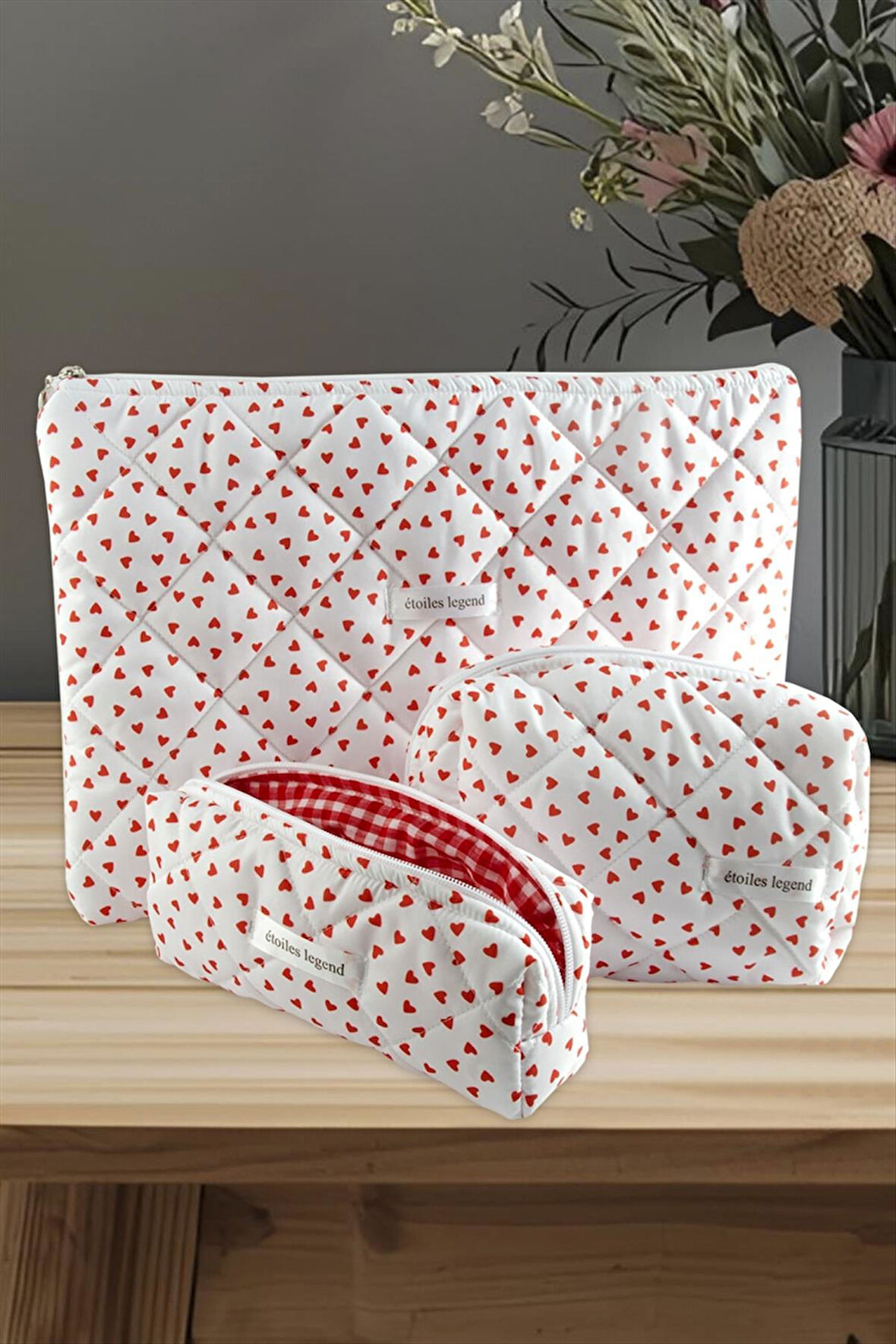 Kalp Desenli Kalem Makyaj Labtop Bilgisayar Set Çantası