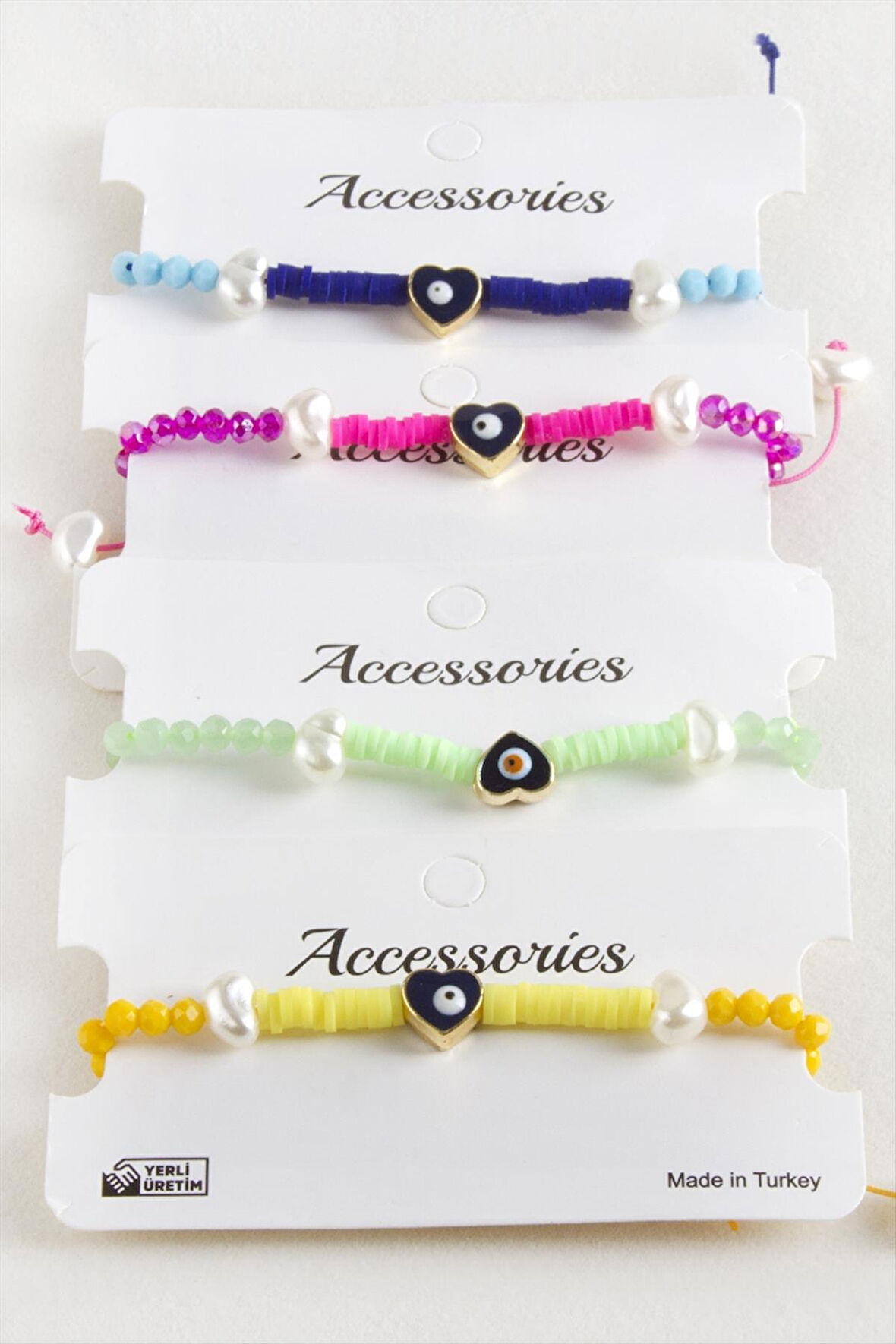 Kalp İnci Fimo Kristal Makrome İp Bileklik