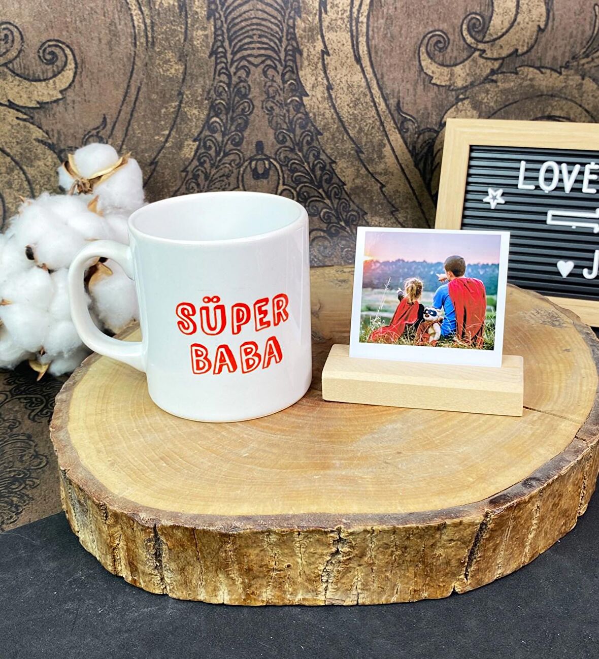 Süper Baba Tasarımlı Kupa Ve Ahşap Fotoğraf Tutucu Set