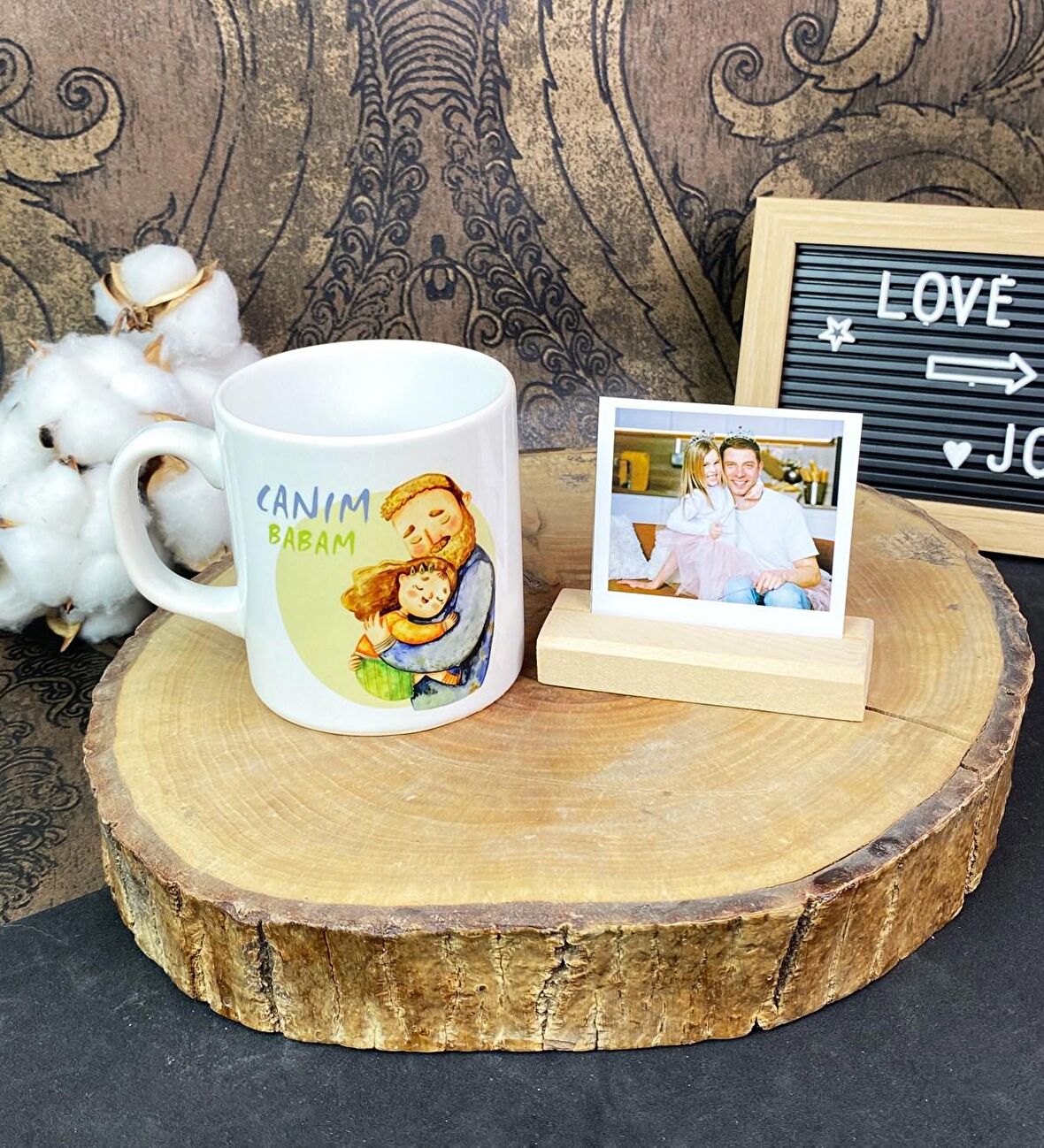 Canım Babam Tasarımlı Kupa Ve Ahşap Fotoğraf Tutucu Set