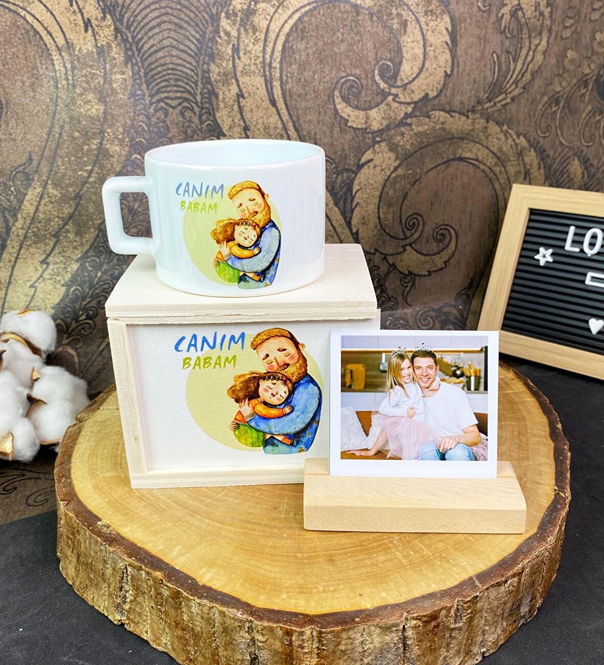 Canım Babam Tasarımlı Kutulu Kupa Ve Ahşap Fotoğraf Tutucu Set