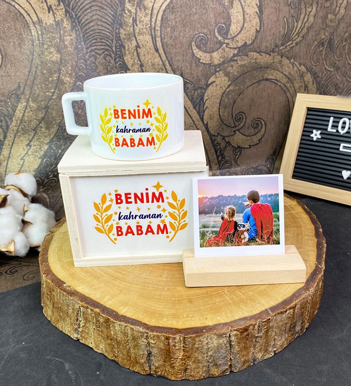 Benim Kahraman Babam Tasarımlı Kutulu Kupa Ve Ahşap Fotoğraf Tutucu Set