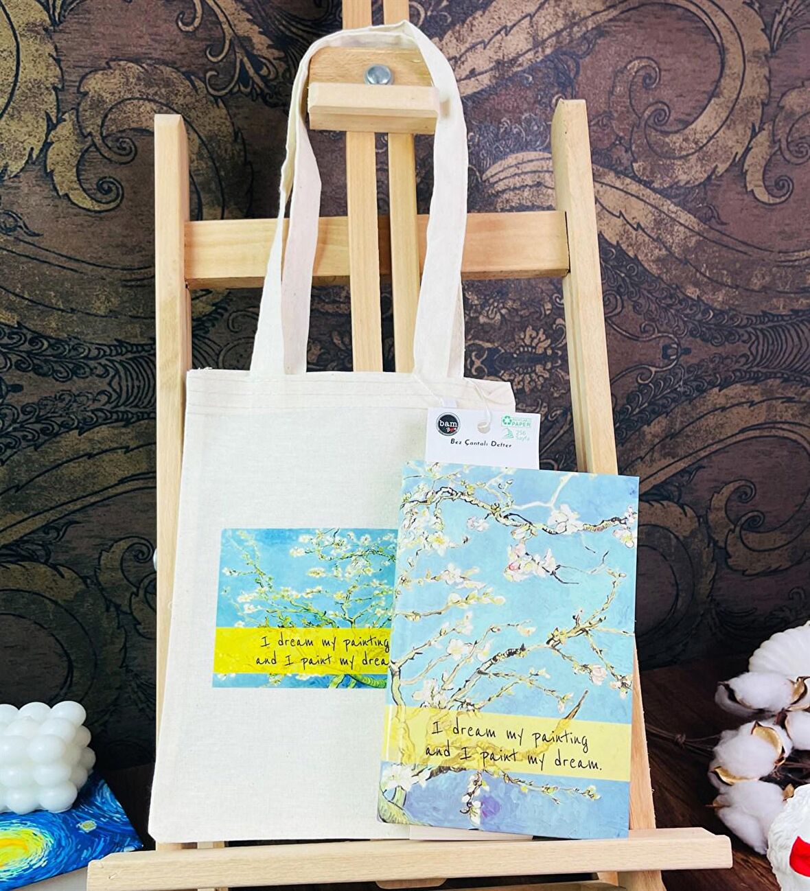 Badem Çiçeği Tasarımlı Kalın Kitap Görünümlü Defter Ve Bez Çanta Set