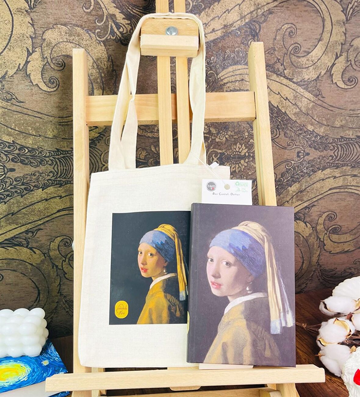 İnci Küpeli Kız Kalın Kitap Görünümlü Defter Ve Bez Çanta Set