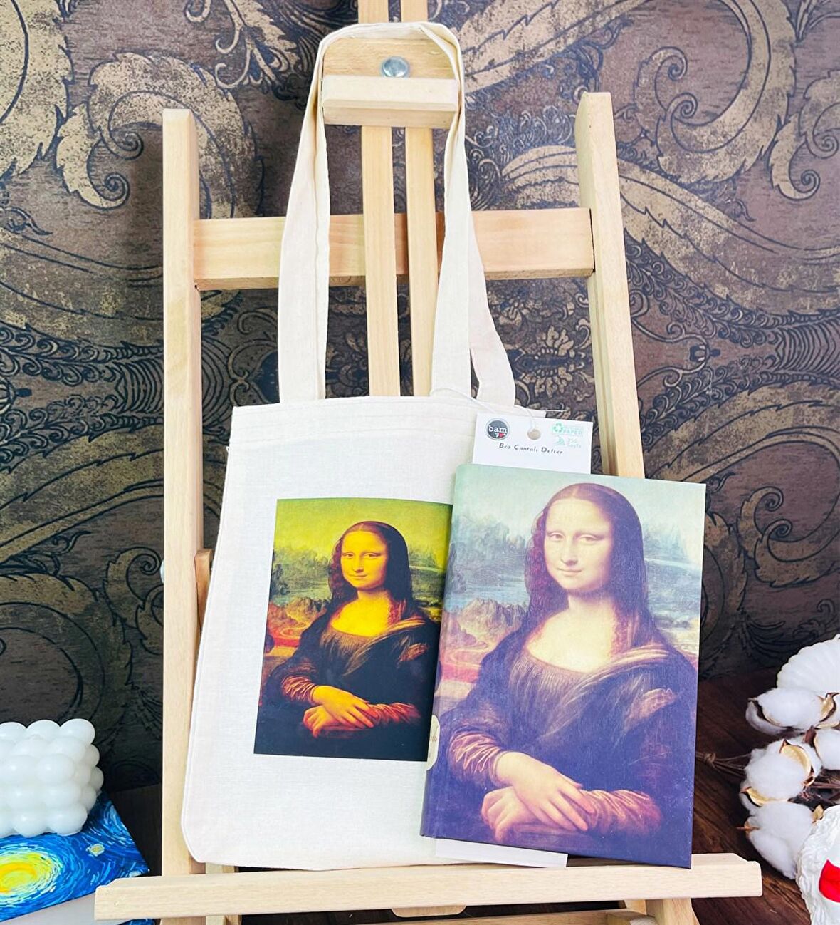 Mona Lisa Kalın Kitap Görünümlü Defter Ve Bez Çanta Set